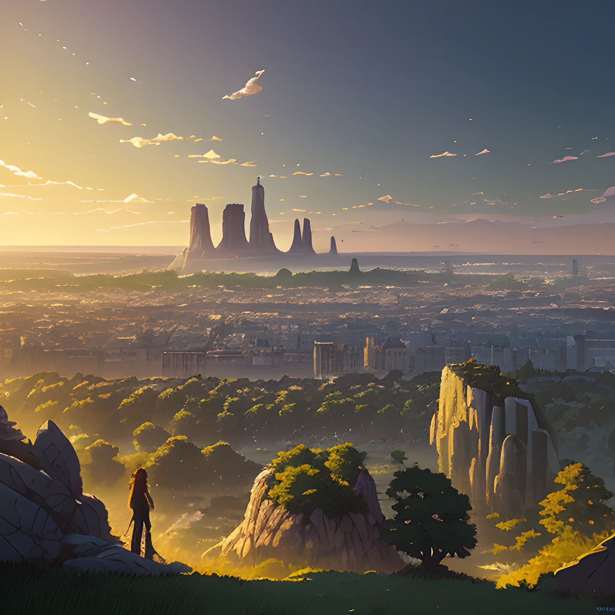 City of Paris, a top view of a giants rocks, grasses... in the style of makoto shinkai and greg rutkowski and albert bierstadt and james gurney