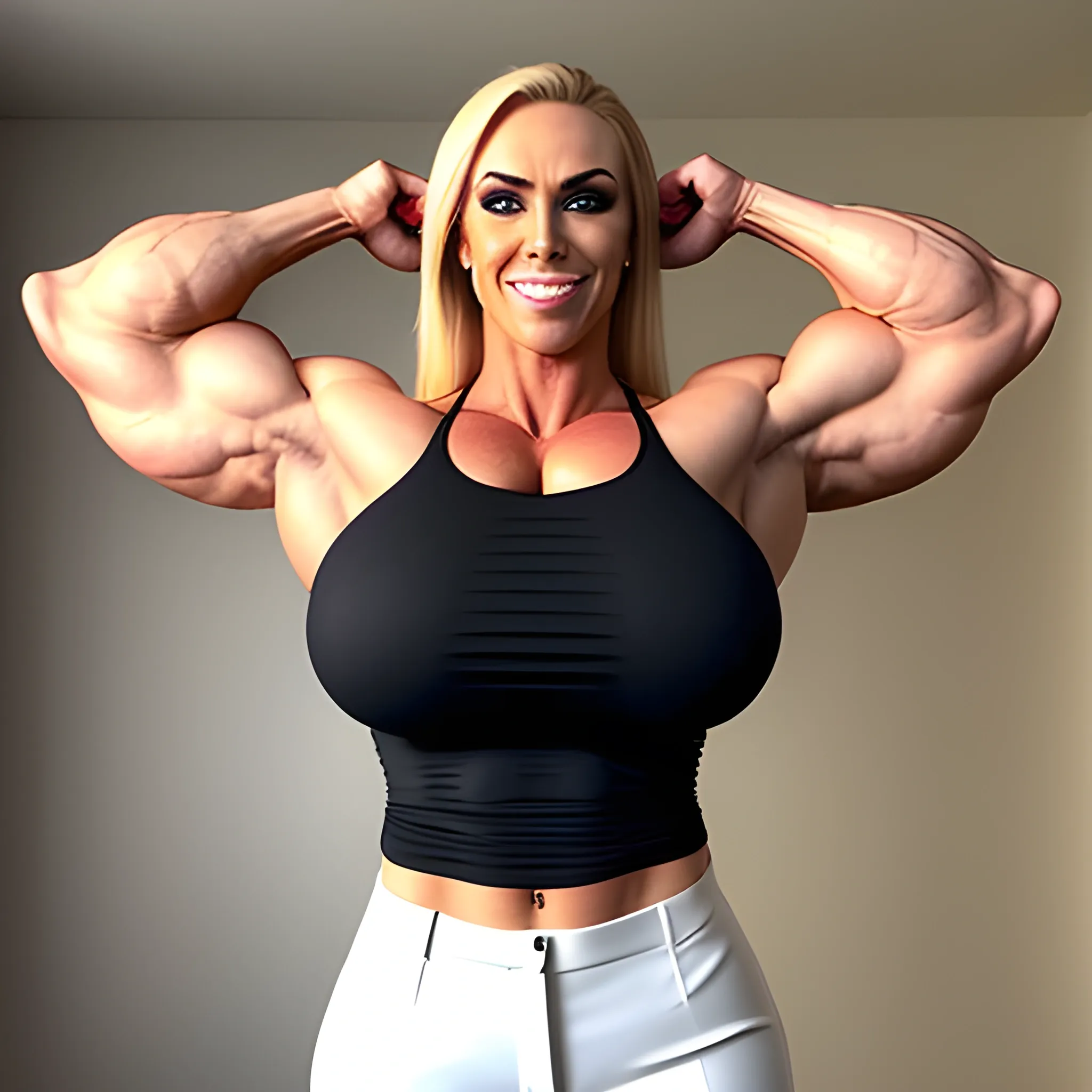 25 year-old huge muscle girl in office. Blonde hair with highlights. shortsleeve blouse. Bodybuilder. flex biceps. holding binder. slacks.  Supermodel face. Massive muscles. Huge biceps. smile. Jacked. tiny waist. ((((petite hips.)))) petite butt. petite glutes.  No big hips. No big butt. View legs