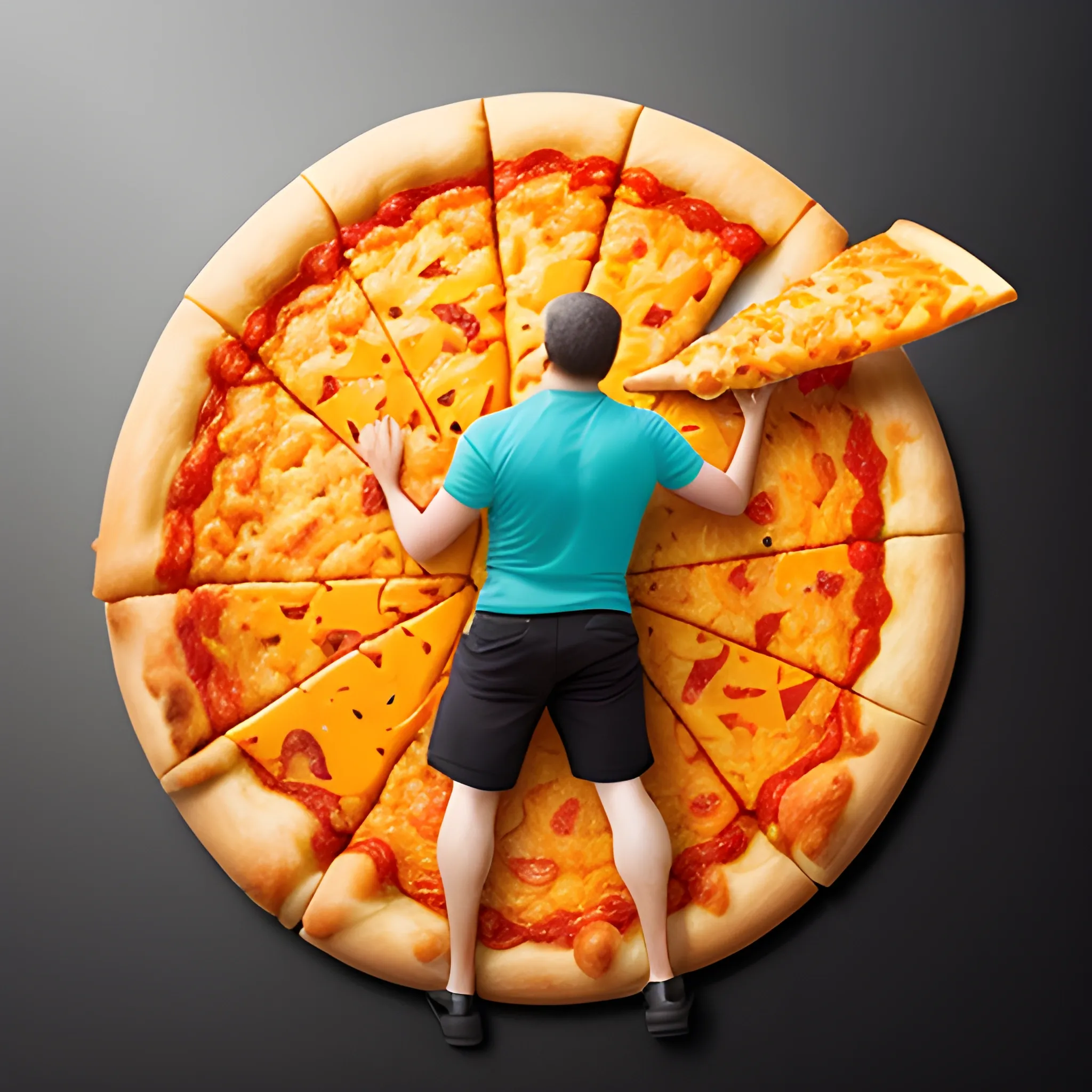 Create a creative picture of a man taking a slice of a cheesy cheddar pizza 