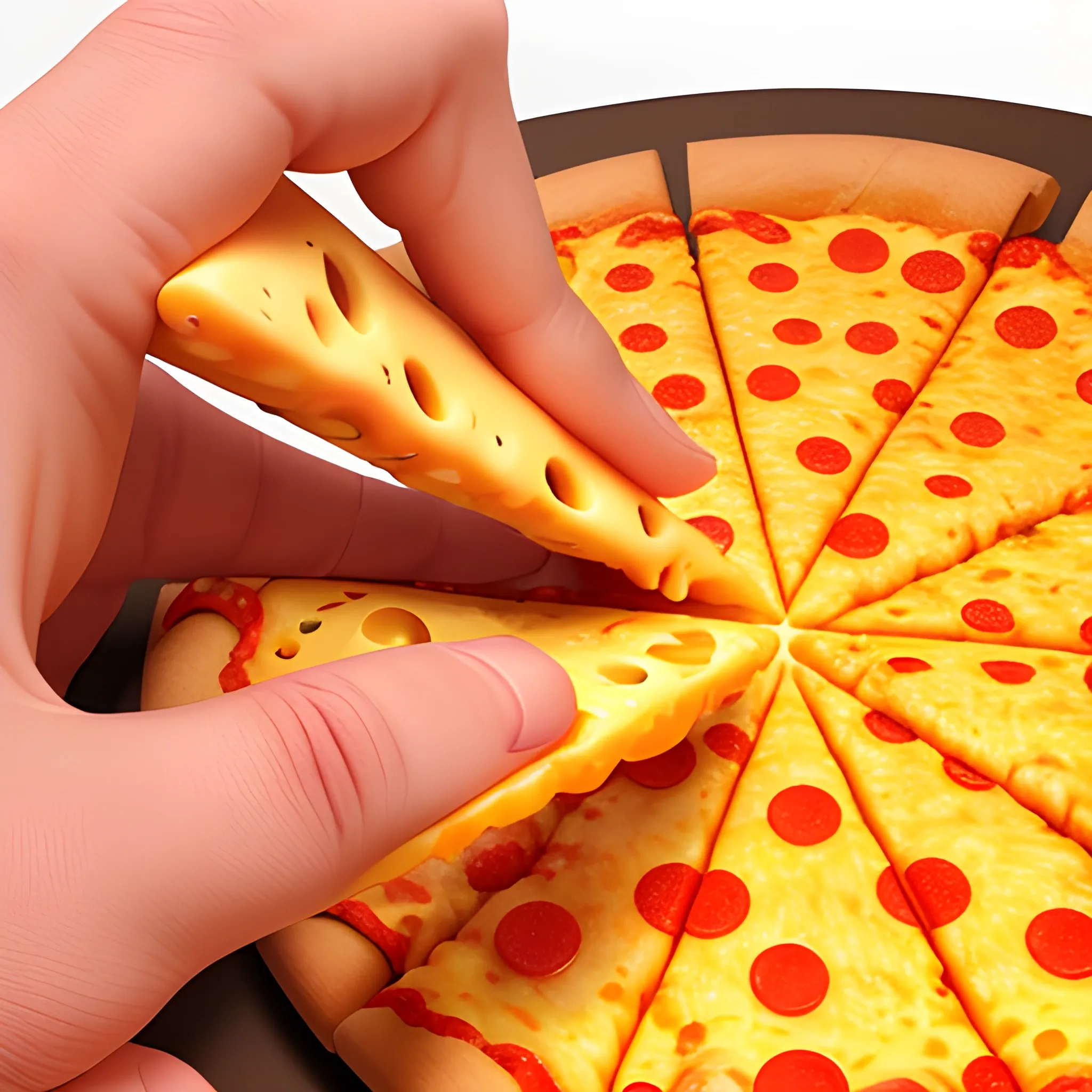 Create a creative picture of a hand taking a slice of a cheesy cheddar pizza , 3D