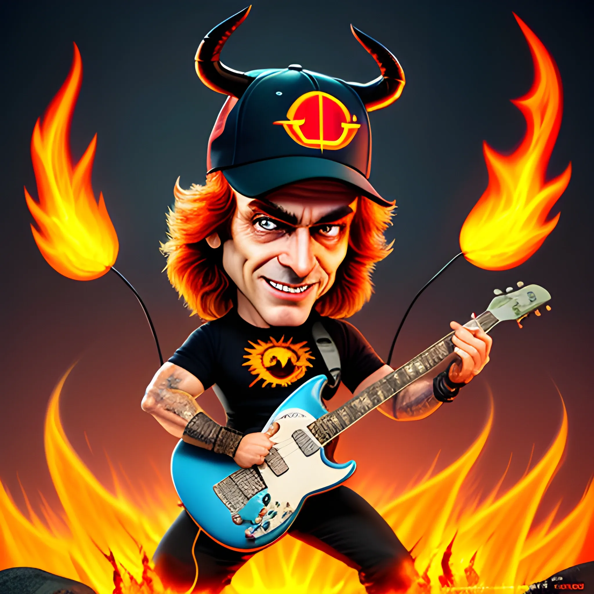 A cute cartoon of an "AC/ DC" character playing guitar with flames, devil horns and tail while wearing an AC/DC charger cap on his head. He is surrounded by smoky fire and there is magic around him, playing in the middle of a rock band. In the style of retro '80s metal album covers, looking at the viewer, with high detail, in the Style of Disney Pixar, cute in the Style of Tiago Hoisel, 3D render, photorealistic, detailed, portrait