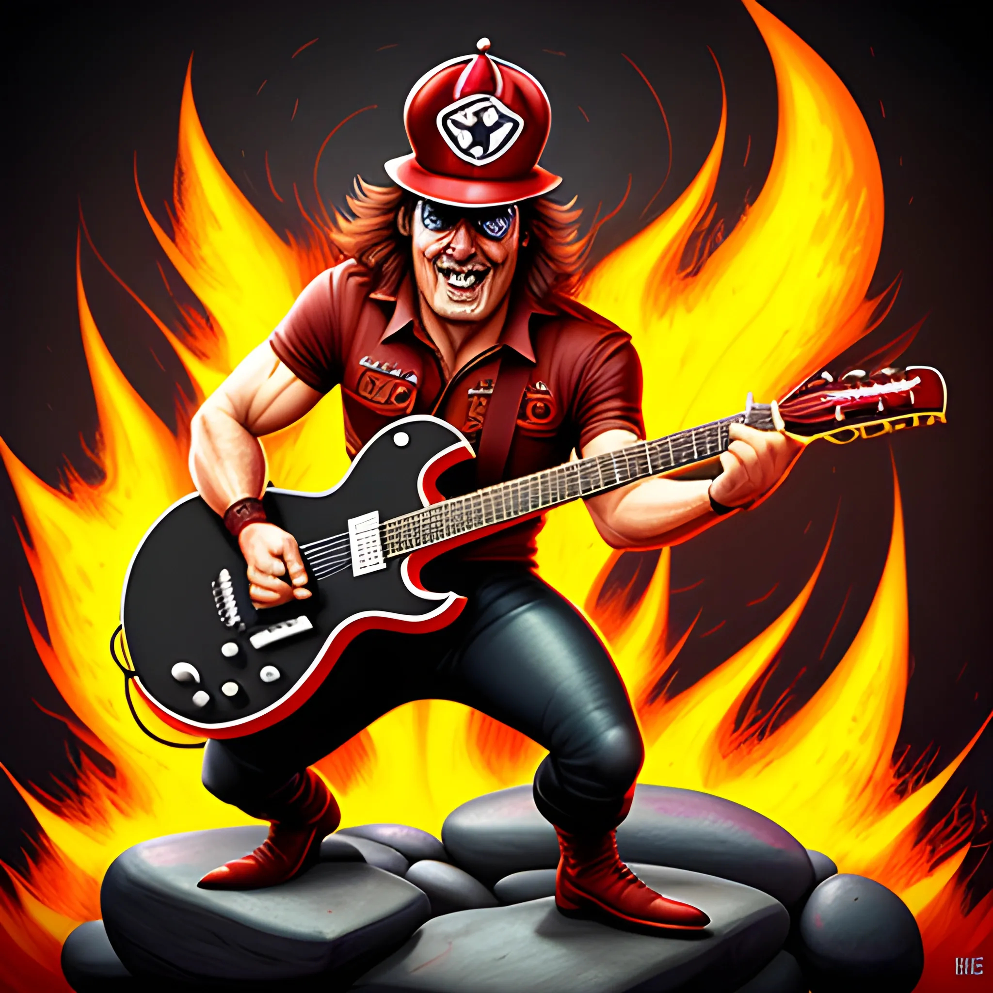 A cute cartoon of an "AC/ DC" character playing guitar with flames, devil horns and tail while wearing an AC/DC charger cap on his head. He is surrounded by smoky fire and there is magic around him, playing in the middle of a rock band. In the style of retro '80s metal album covers, looking at the viewer, with high detail, in the Style of Disney Pixar, cute in the Style of Tiago Hoisel, 3D render, photorealistic, detailed, portrait, 3D