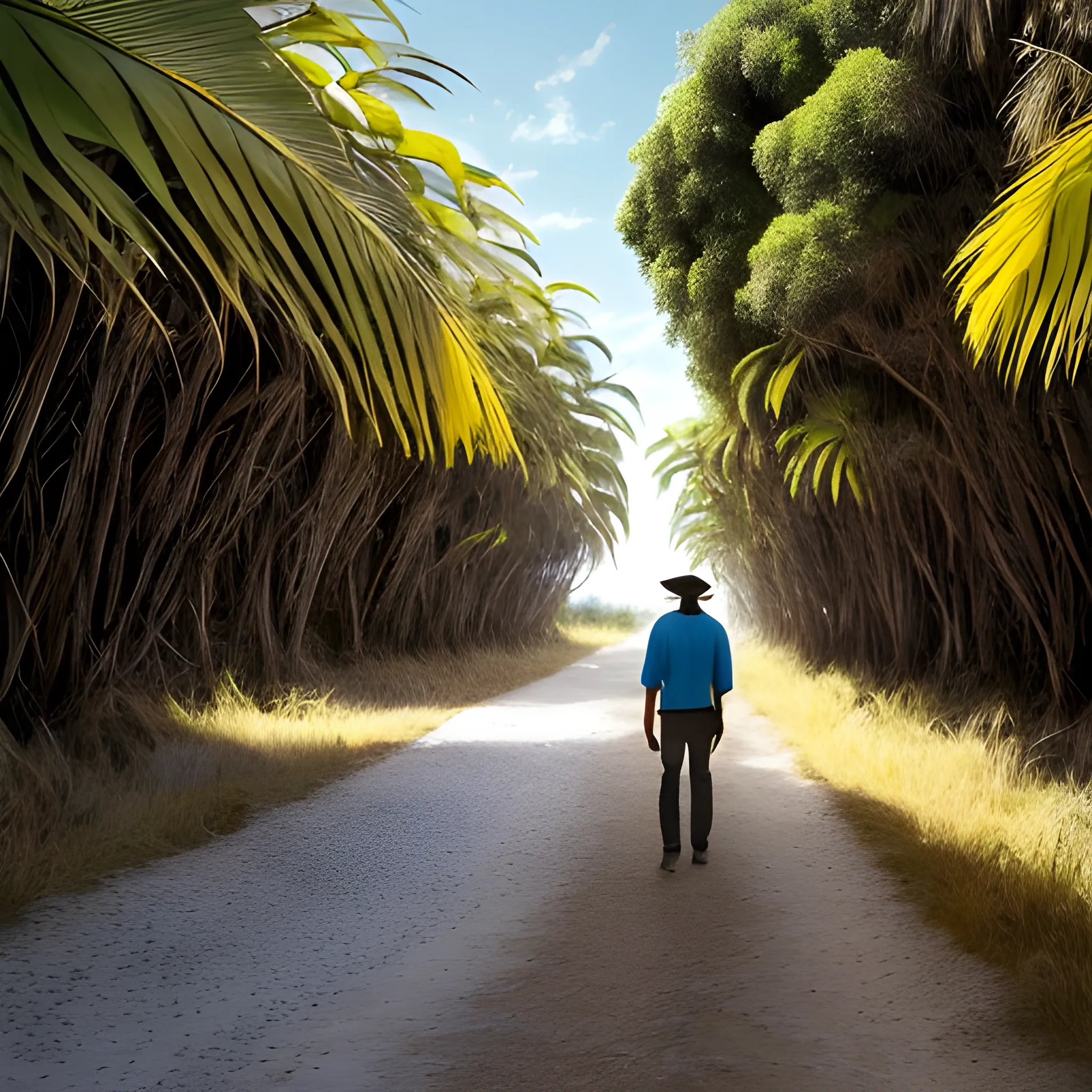 La imagen muestra una escena serena y evocadora en un entorno tropical. En el centro de la composición, se encuentra la silueta de un hombre bantú caminando hacia el horizonte, con la vista fijada en el futuro. Su figura está delineada en tonos oscuros, destacándose contra el fondo que muestra un paisaje de selva exuberante. El hombre lleva puesto un atuendo tradicional bantú, con detalles que reflejan la cultura y las tradiciones locales. Su tono de piel es cálido y oscuro, representando la diversidad étnica de Guinea Ecuatorial y de los pueblos bantúes. Alrededor de él, se pueden ver árboles tropicales, hojas frondosas y algunos animales silvestres que añaden dinamismo a la escena. El cielo está pintado en tonos suaves de azul y amarillo, evocando la calidez y la belleza del clima africano. En la distancia, se vislumbran las siluetas de las montañas, creando un horizonte majestuoso que simboliza las oportunidades y los desafíos que aguardan en el camino.
