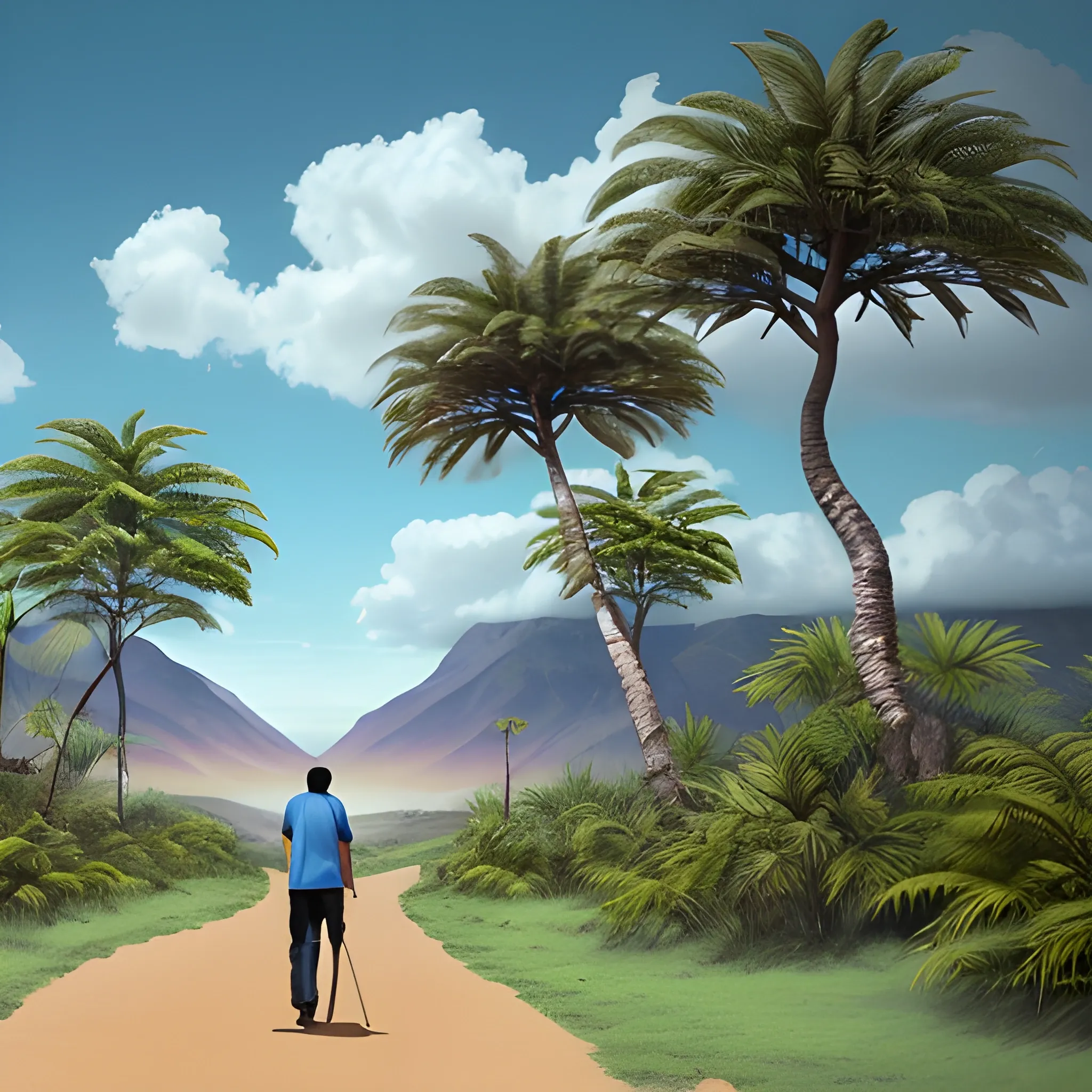 La imagen muestra una escena serena y evocadora en un entorno tropical. En el centro de la composición, se encuentra la silueta de un hombre bantú caminando hacia el horizonte, con la vista fijada en el futuro. Su figura está delineada en tonos oscuros, destacándose contra el fondo que muestra un paisaje de selva exuberante. El hombre lleva puesto un atuendo tradicional bantú, con detalles que reflejan la cultura y las tradiciones locales. Su tono de piel es cálido y oscuro, representando la diversidad étnica de Guinea Ecuatorial y de los pueblos bantúes. Alrededor de él, se pueden ver árboles tropicales, hojas frondosas y algunos animales silvestres que añaden dinamismo a la escena. El cielo está pintado en tonos suaves de azul y amarillo, evocando la calidez y la belleza del clima africano. En la distancia, se vislumbran las siluetas de las montañas, creando un horizonte majestuoso que simboliza las oportunidades y los desafíos que aguardan en el camino.
, Pencil Sketch, Cartoon, Cartoon