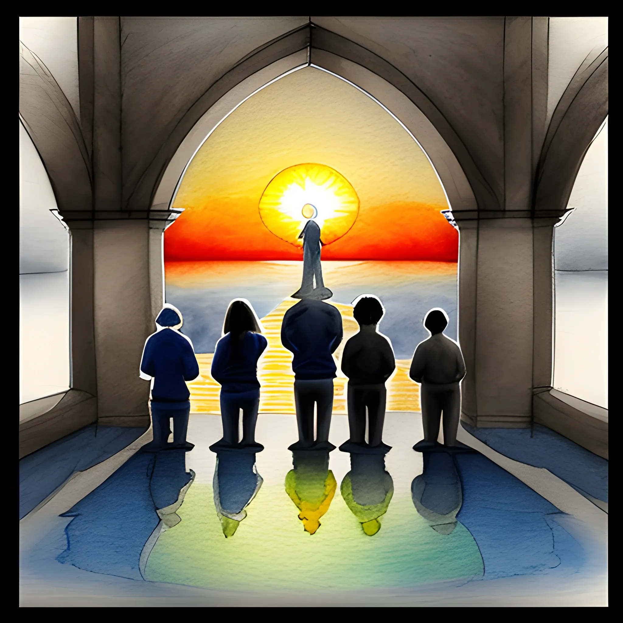 CREATE AN IMAGE OF A DAWN AND PEOPLE PRAYING, 3D, Water Color, Pencil Sketch