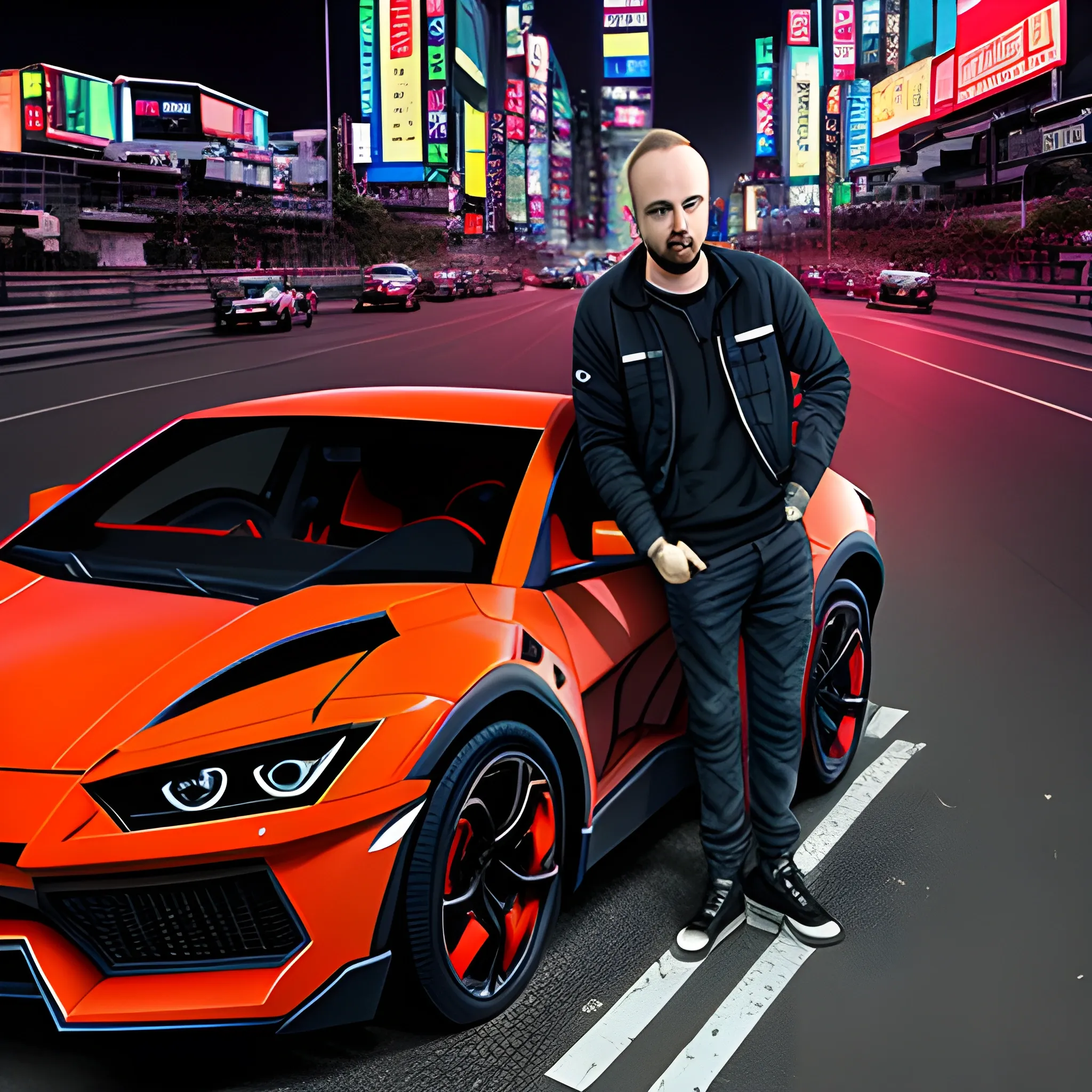 jessie pinkman driving a lamborguini Urus in the midnight tokyo city