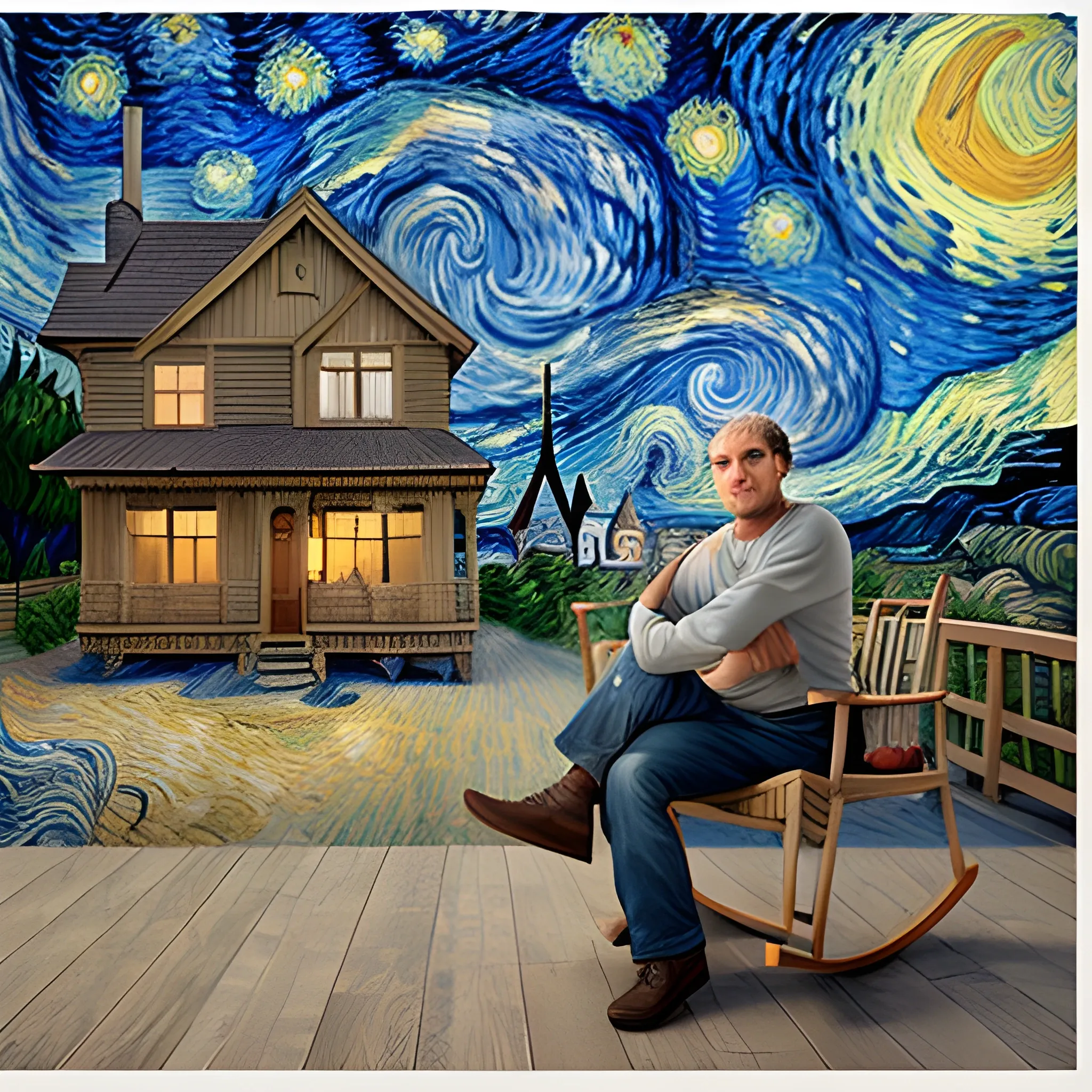 realistic image of a 50 years old man with short, curly gray hair, shaved, without bard, sitting on a rocking chair in a porch, looking to the camera, a wooden house seen on left side, at the background there is a van gogh starry night style sky, swirling clouds, engraving