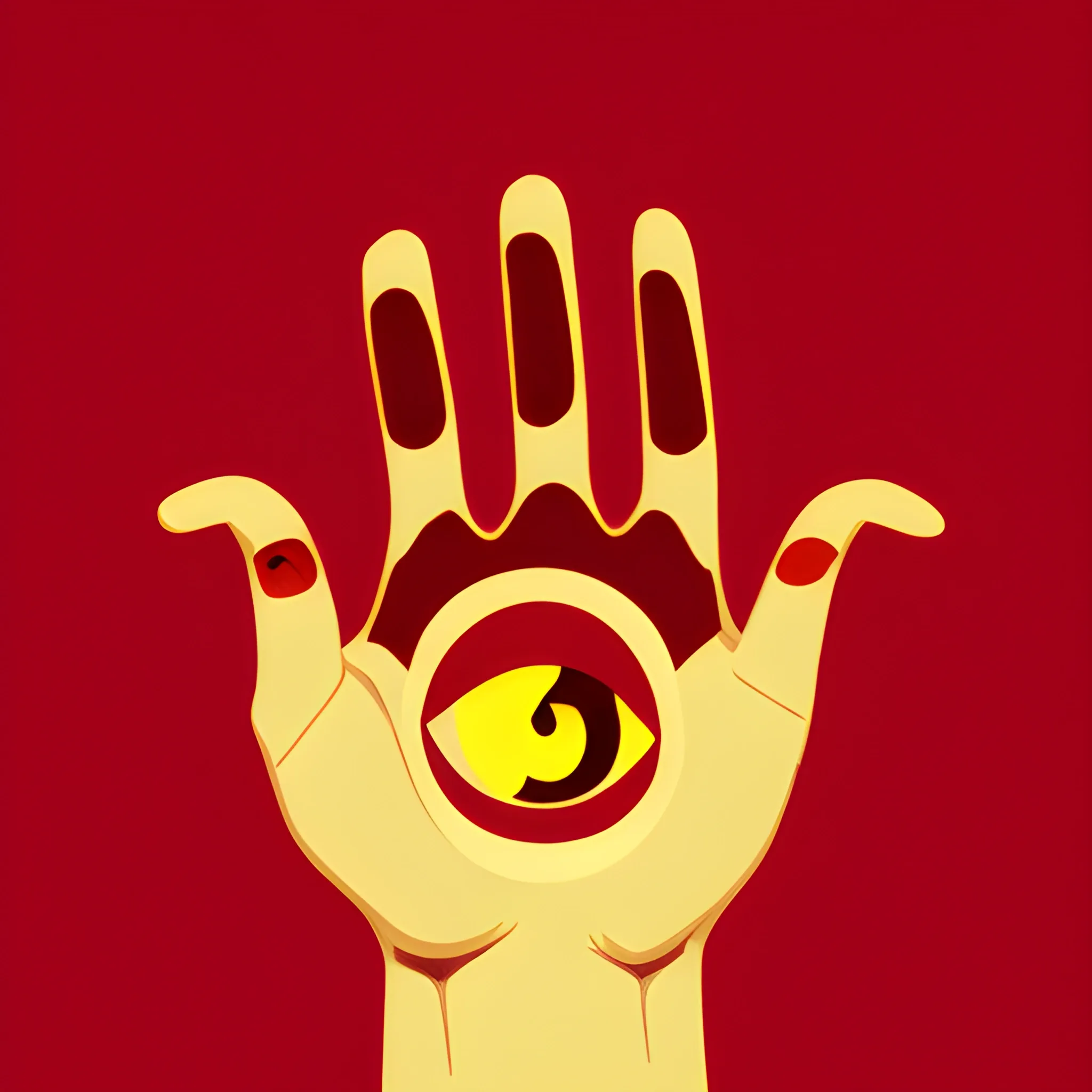 A red open hand witha a yellow eye in the middle
