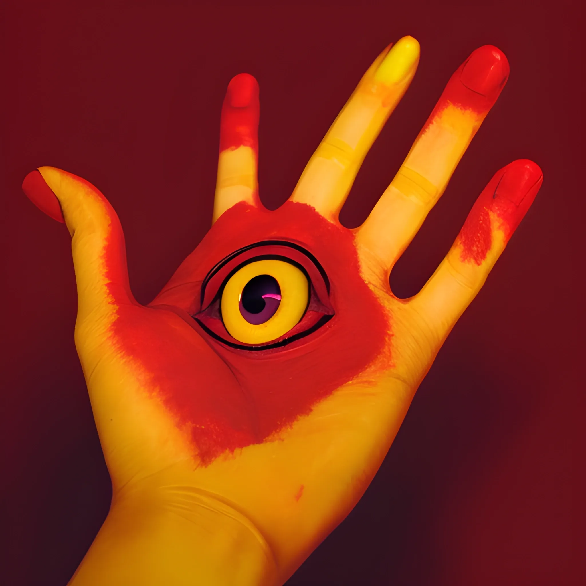 A red open hand witha a yellow eye in the middle