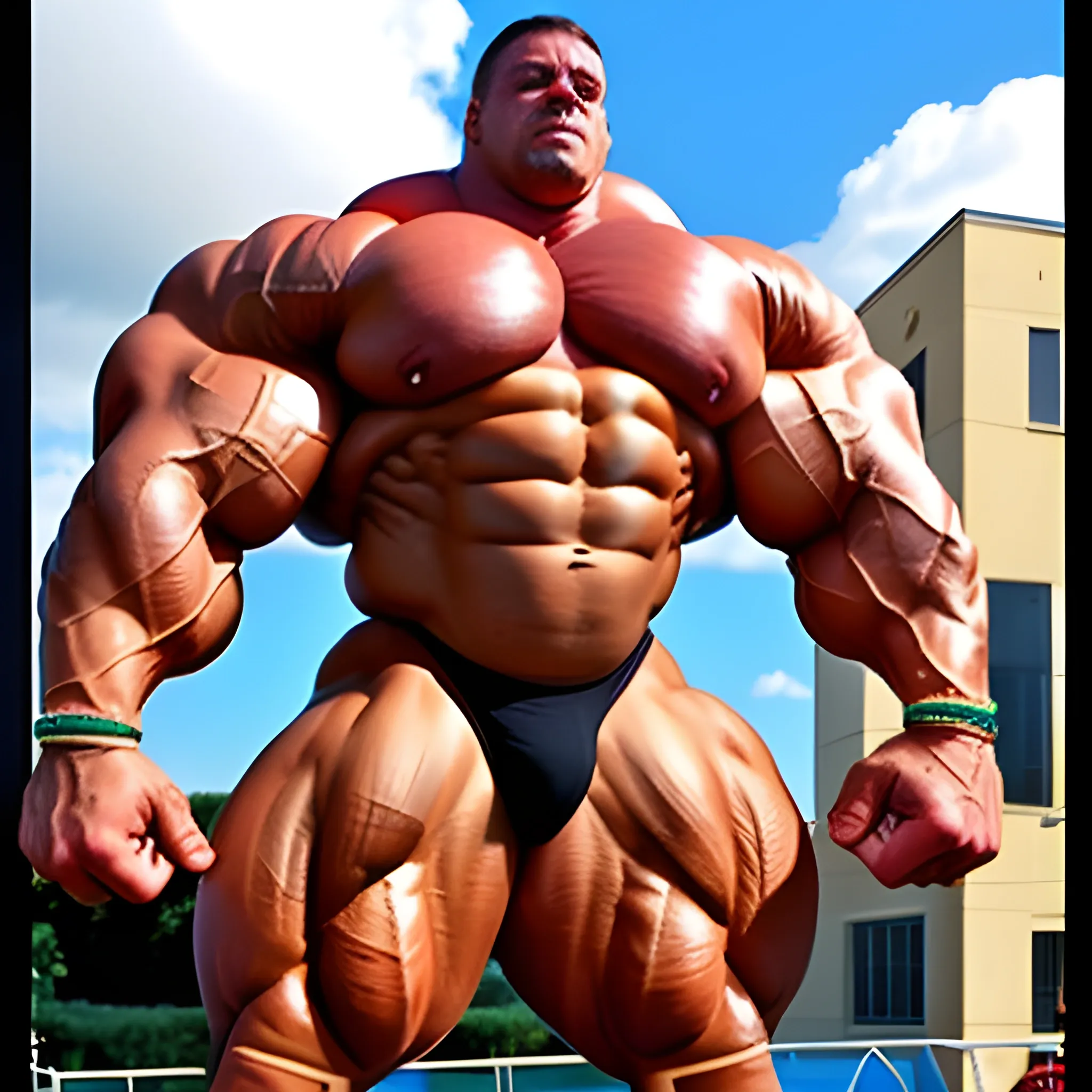 3-meters,  muscle morph, 3000 lbs bodybuilder, gigantic 300 inches biceps, huge biceps, 300 inches enormous triceps, enormous forearms, gigantic traps, 300 inches chest, 