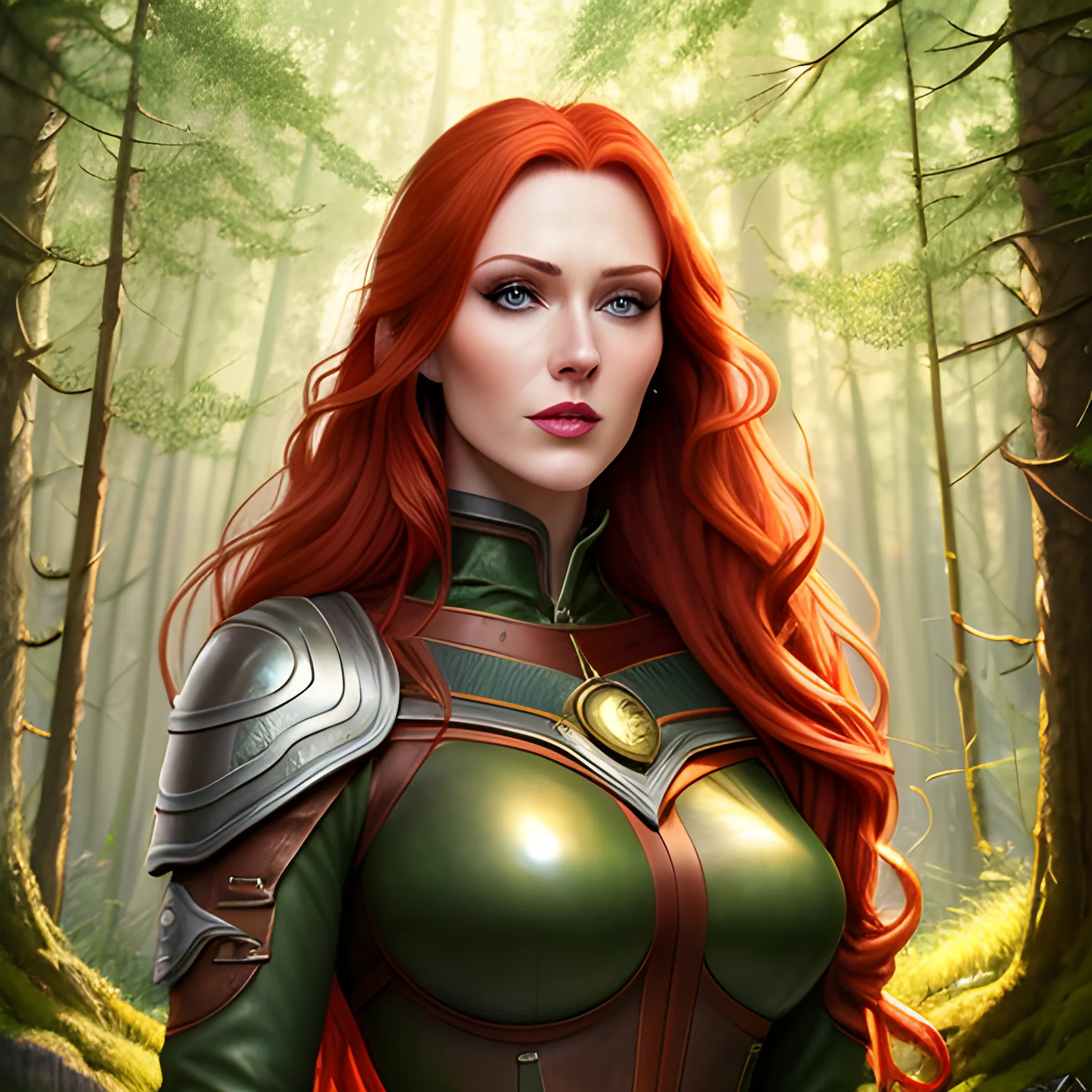 girl in imposing position in the forest, (best quality, 4k, high definition, art: 1.2), ultra-detailed, (Realistic: 1.37), illustration, beautiful detailed face, long red hair, green eyes, pink lips, in a leather outfit nordic style, standing under the sunbeam surrounded by trees, calm and peaceful atmosphere, soft and warm color palette, magical lighting effects