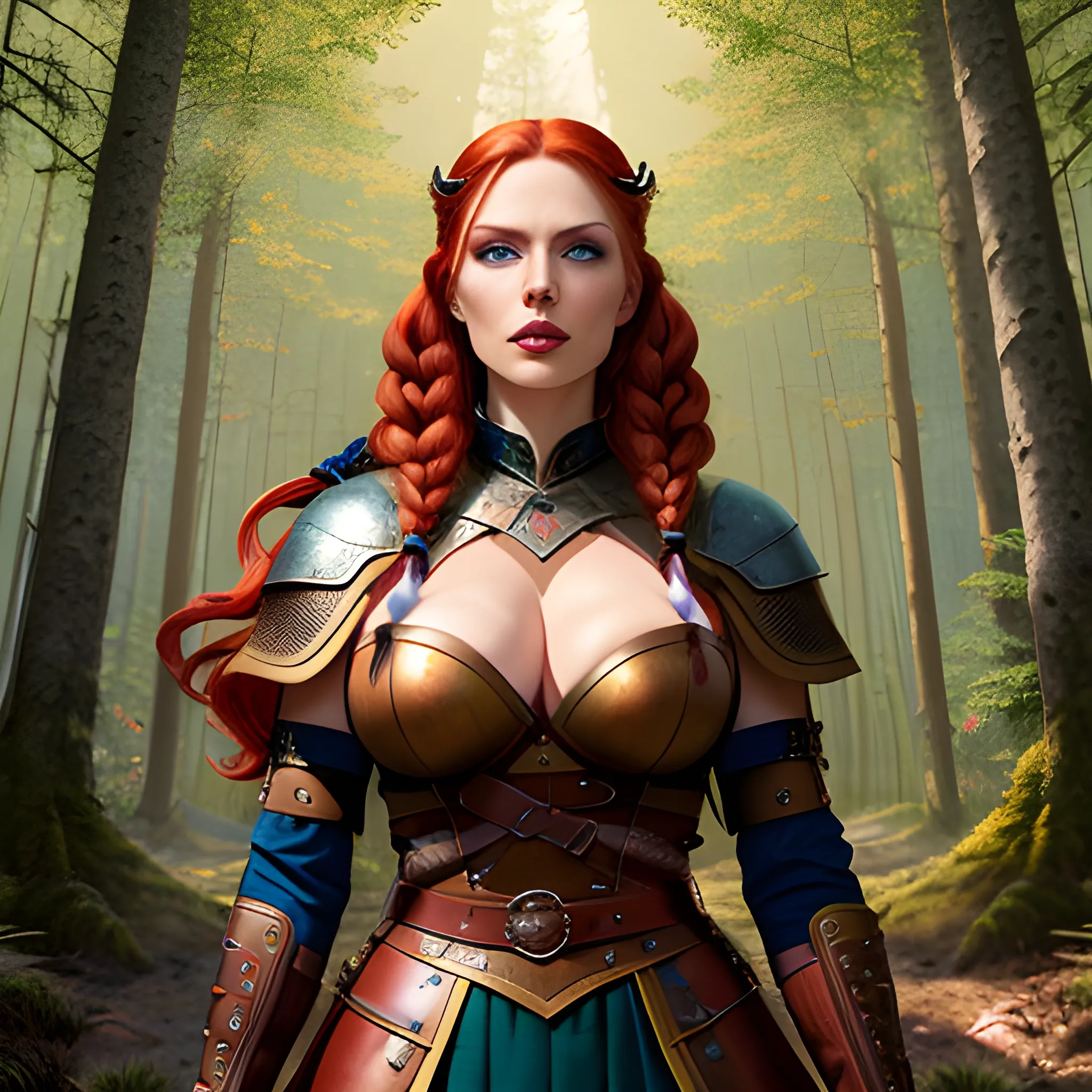 girl in imposing position in the forest, (best quality, 4k, high definition, art: 1.2), ultra-detailed, (Realistic: 1.37), illustration, beautiful detailed face, long red hair in pigtails, blue eyes, pink lips, in a Viking style leather outfit, under the sunbeam surrounded by trees, calm and peaceful atmosphere, soft and warm color palette, magical lighting effects