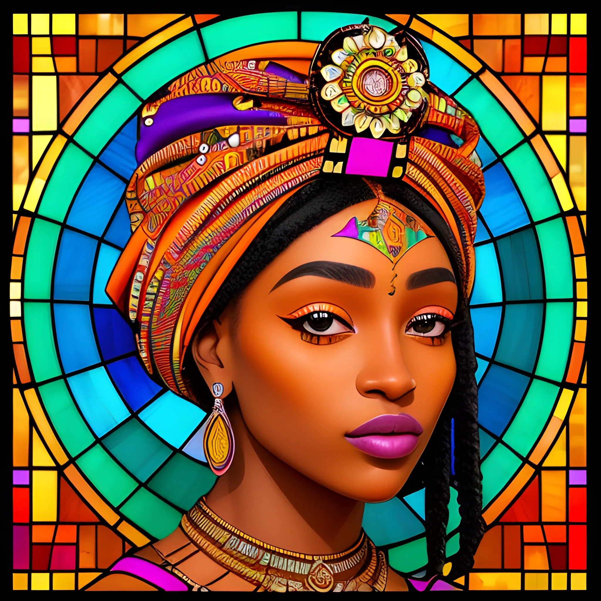 he image depicts a portrait of a woman in the style of a vibrant stained glass art piece. She has rich, dark skin and is adorned with colorful, ornate attire that suggests African cultural influence. Her head is crowned with a headwrap featuring a mosaic of radiant, multicolored patterns, which harmoniously blend with the stained glass motif. The background radiates outwards with a warm, luminous effect, encompassing a spectrum of colors and geometric floral designs, adding to the artwork's majestic and contemporary feel., 3D