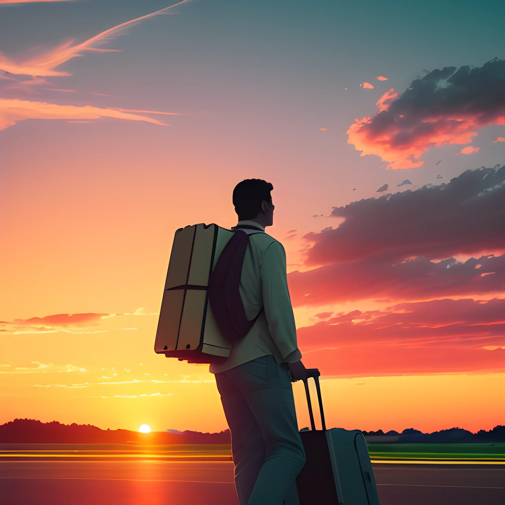 Create an engaging mobile wallpaper depicting a man carrying his luggage towards the airport during a beautiful sunset. Include an airplane flying in the sky overhead to add a sense of travel and adventure. Capture the warm colors of the sunset and the peaceful atmosphere of the scene to inspire viewers with the excitement of embarking on a journey.