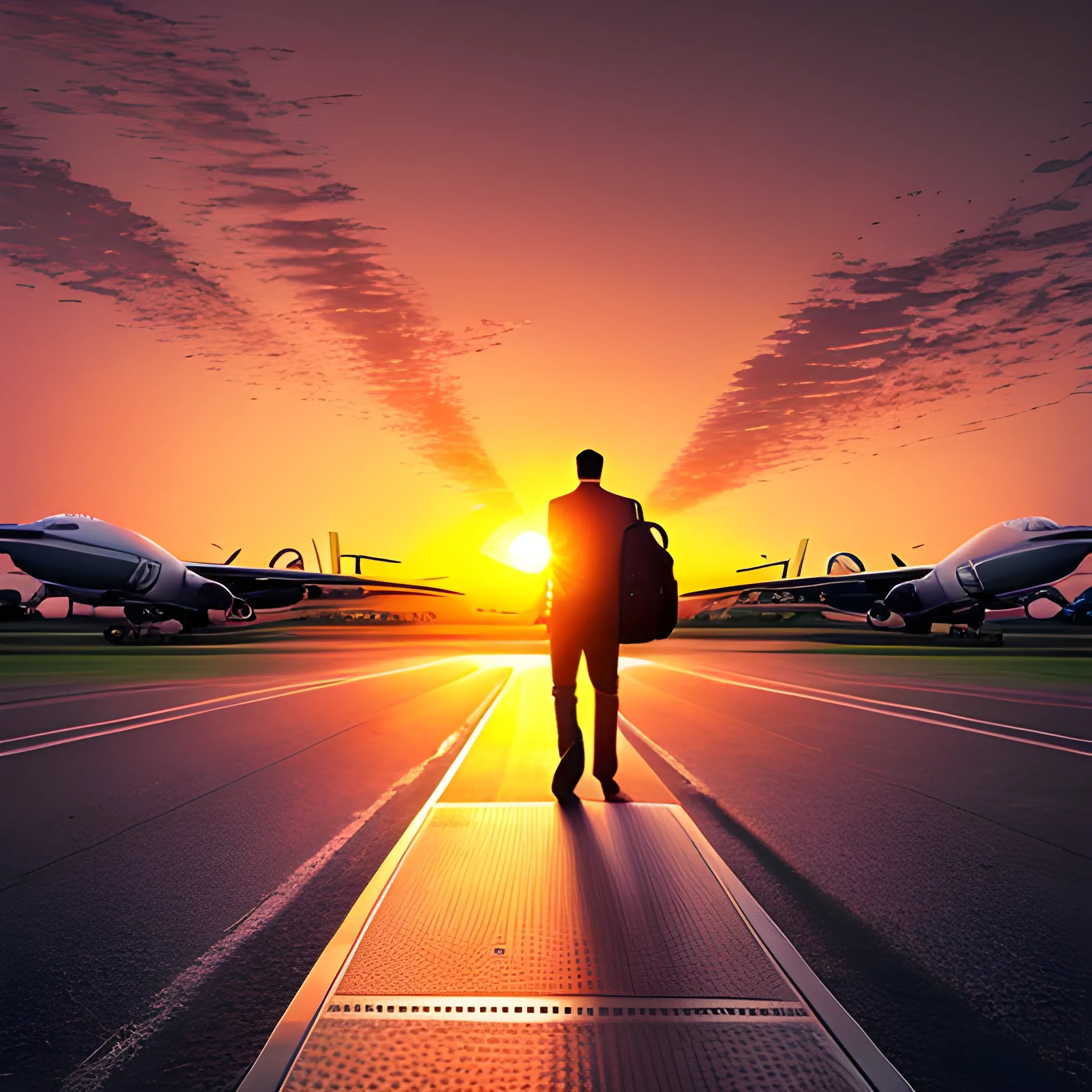 a man from behind, carrying his luggage bag, walking towards the airport road on a sunset day. The sky should show a majestic airplane flying overhead, adding a sense of travel and adventure to the scene. The warm hues of the sunset should create a serene yet dynamic atmosphere, perfect for a travel-themed app background.