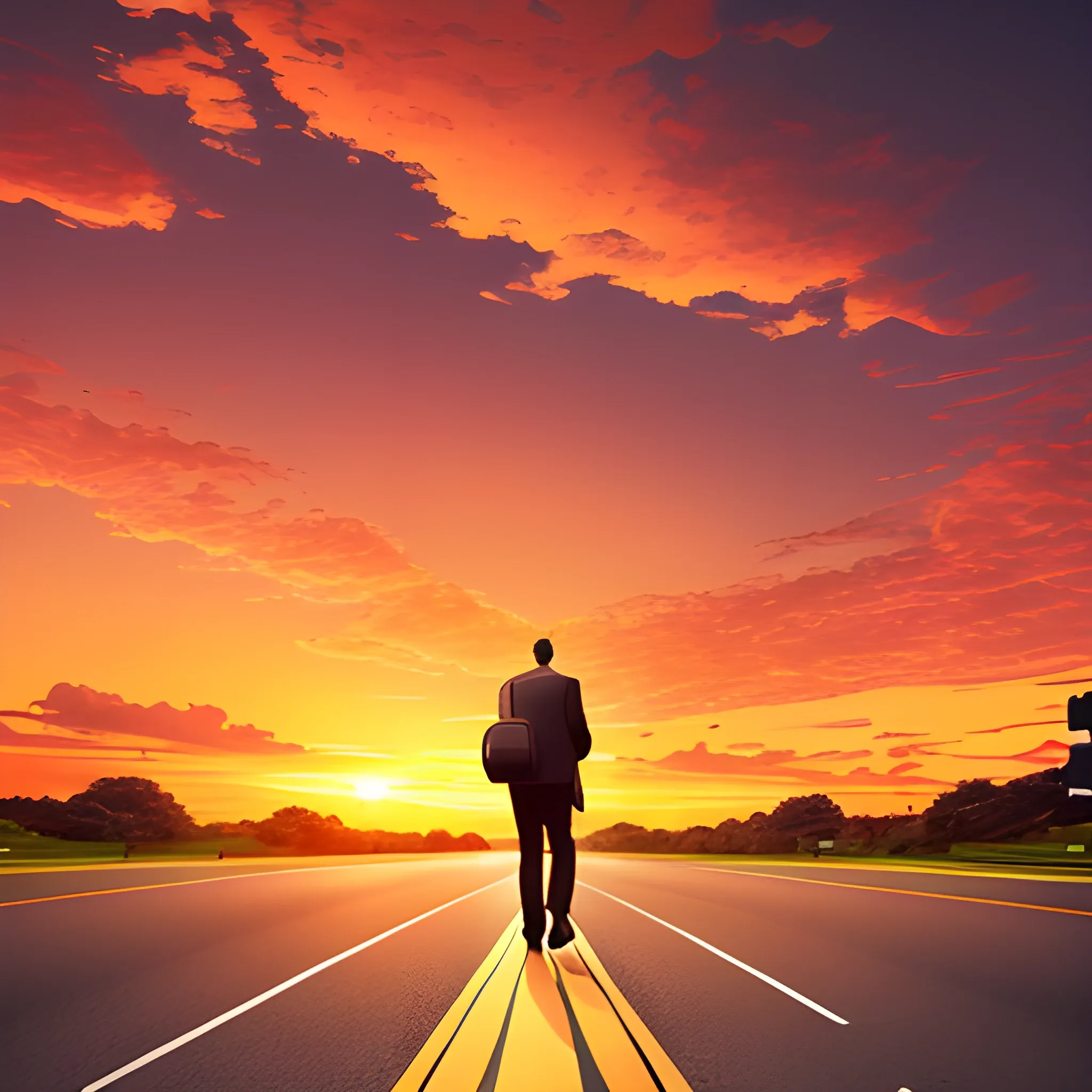 a man from behind, carrying his luggage bag, walking towards the airport road on a sunset day. The sky should show a majestic airplane flying overhead, adding a sense of travel and adventure to the scene. The warm hues of the sunset should create a serene yet dynamic atmosphere, perfect for a travel-themed app background., 3D