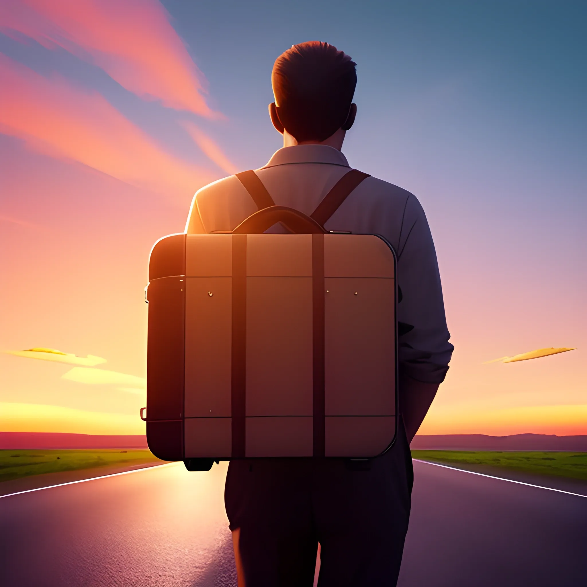 a man from behind, Carrying a suitcase on the way to the airport on a sunset day. The sky should show a majestic airplane flying overhead, adding a sense of travel and adventure to the scene. The warm hues of the sunset should create a serene yet dynamic atmosphere, perfect for a travel-themed app background., 3D