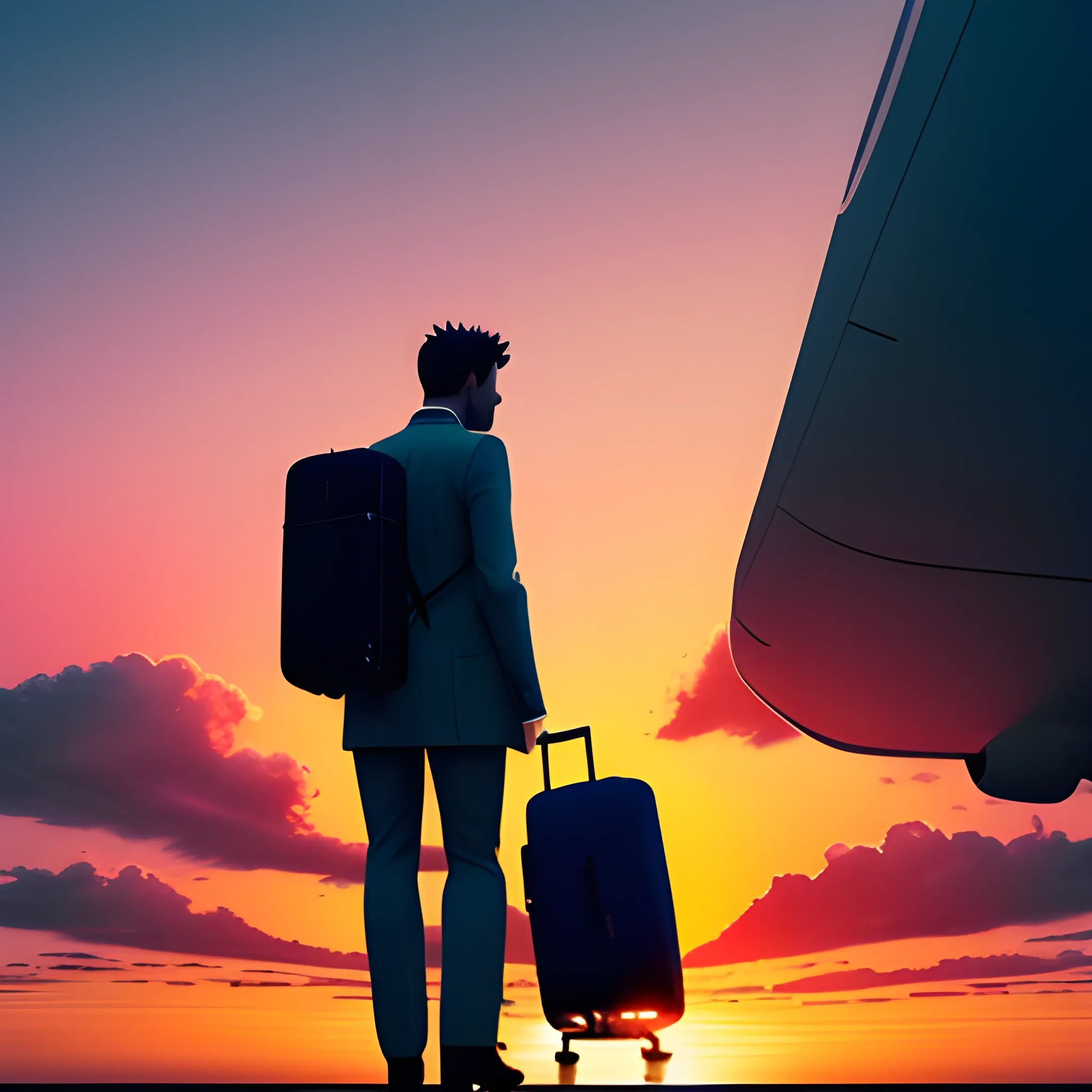 a man from behind, He pulls the suitcase on the way to the airport on a sunset day. The sky should show a majestic airplane flying in the sky, adding a sense of travel and adventure to the scene. The warm hues of the sunset should create a serene yet dynamic atmosphere, perfect for a travel-themed app background., 3D