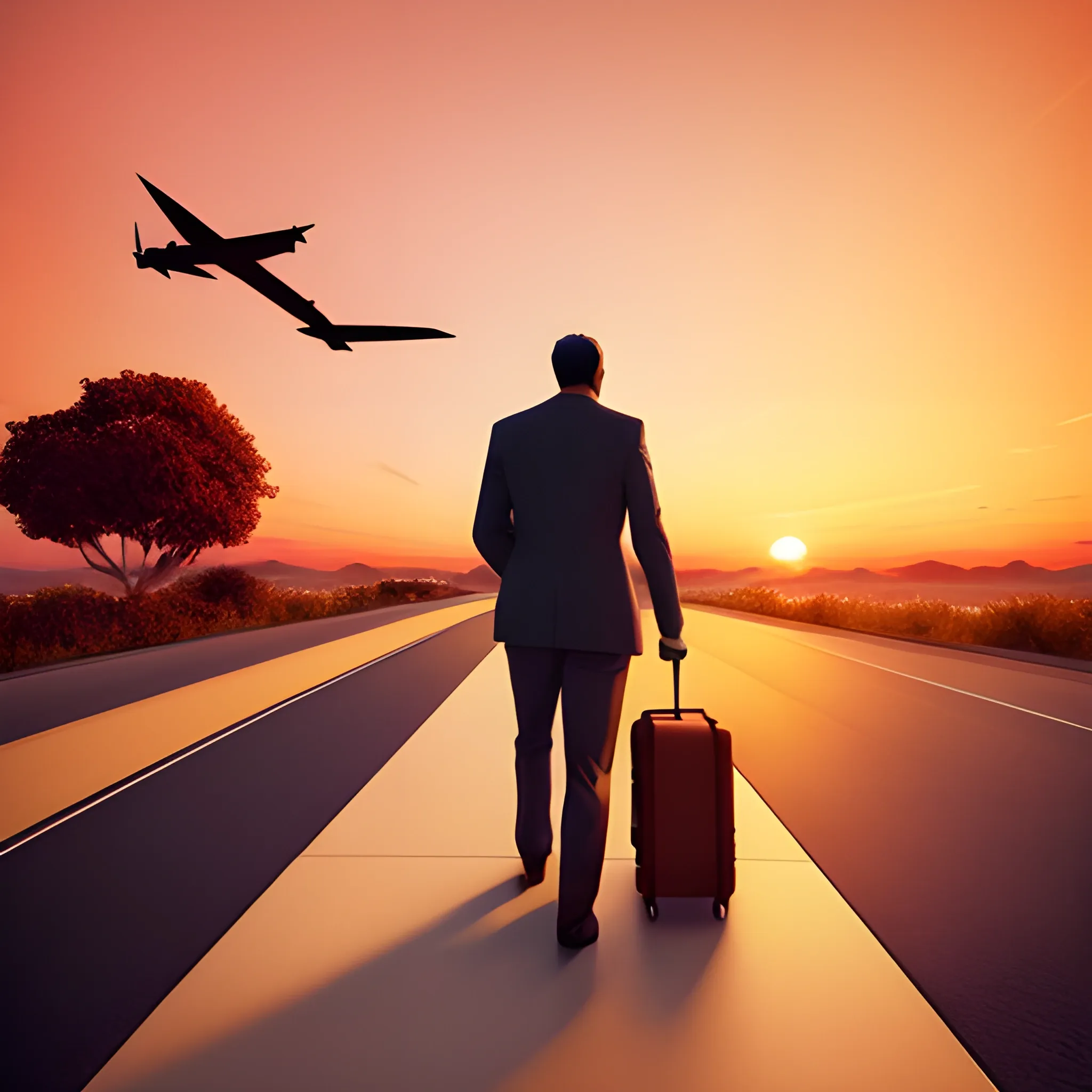 a man from behind, He pulls the suitcase on the way to the airport on a sunset day. show a majestic airplane flying in the sky so far, adding a sense of travel and adventure to the scene. The warm hues of the sunset should create a serene yet dynamic atmosphere, perfect for a travel-themed app background., 3D