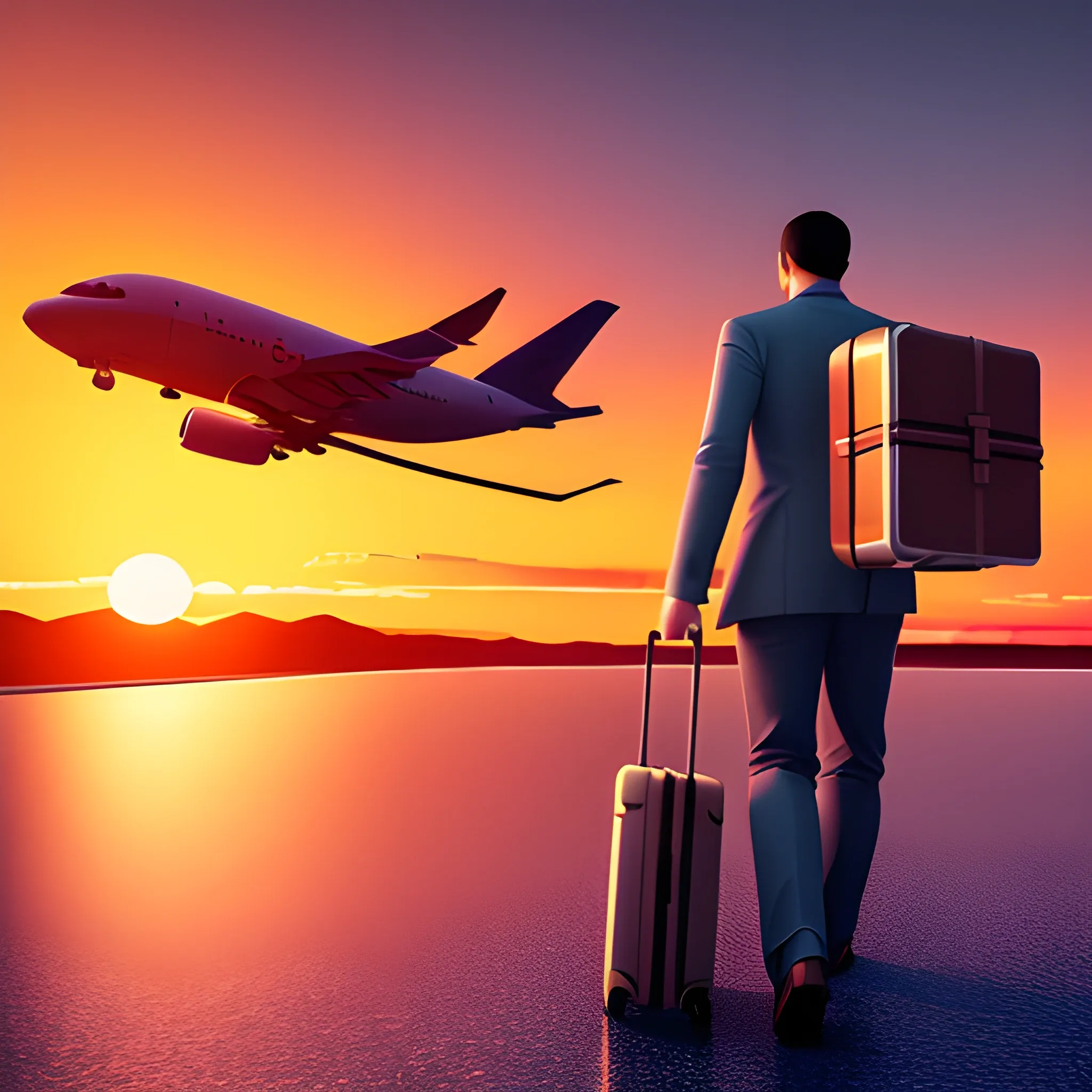 a man from behind, He pulls the suitcase on the way to the airport on a sunset day. show a majestic airplane flying in the sky so far, adding a sense of travel and adventure to the scene. The warm hues of the sunset should create a serene yet dynamic atmosphere, perfect for a travel-themed app background., 3D