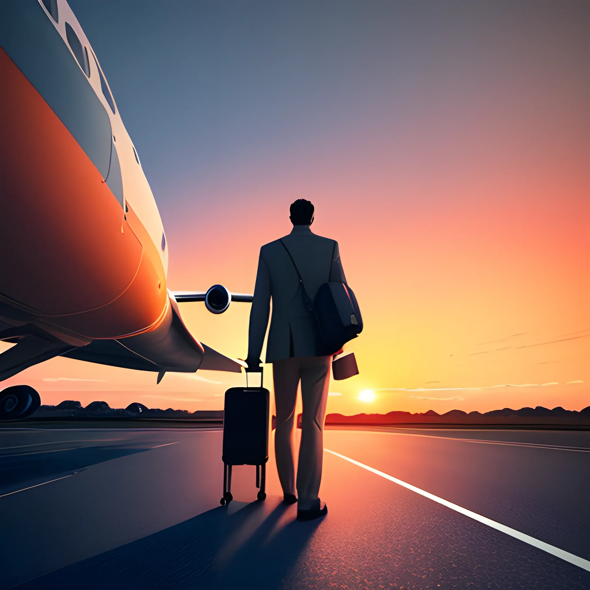 a man from behind, He pulls the suitcase on the way to the airport on a sunset day. show a majestic airplane flying in the sky so far, adding a sense of travel and adventure to the scene. The warm hues of the sunset should create a serene yet dynamic atmosphere, perfect for a travel-themed app background., 3D