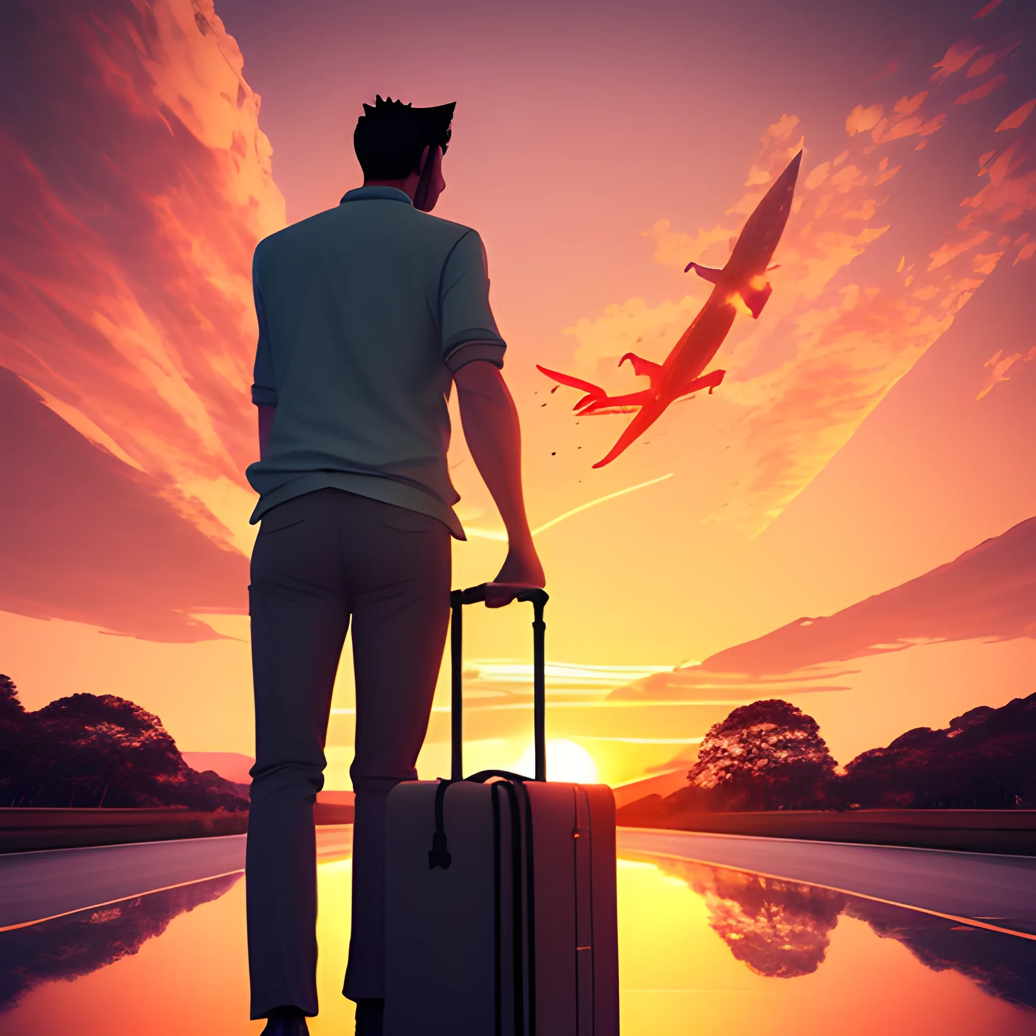 a man from behind, He pulls the suitcase on the way to the airport on a sunset day. show a majestic airplane flying in the sky so far, adding a sense of travel and adventure to the scene. The warm hues of the sunset should create a serene yet dynamic atmosphere, perfect for a travel-themed app background., 3D