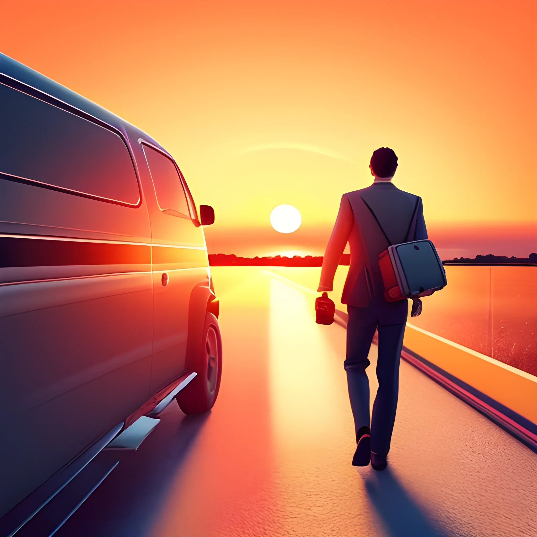 a man from behind, He pulls the suitcase on the way to the airport on a sunset day. show a majestic airplane flying in the sky so far, adding a sense of travel and adventure to the scene. The warm hues of the sunset should create a serene yet dynamic atmosphere, perfect for a travel-themed app background., 3D