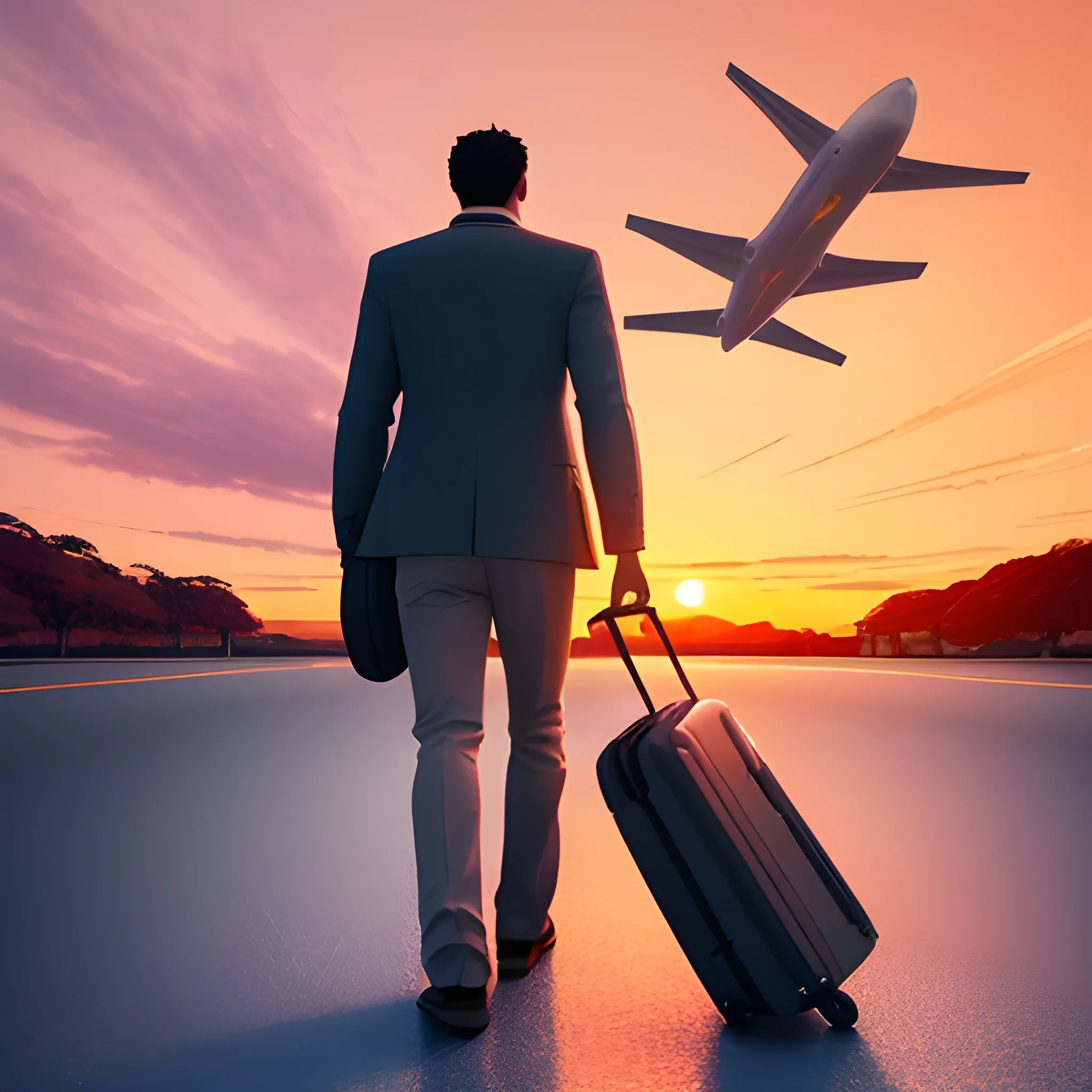 a man from behind, He pulls the suitcase on the way to the airport on a sunset day. show a majestic airplane flying in the sky so far, adding a sense of travel and adventure to the scene. The warm hues of the sunset should create a serene yet dynamic atmosphere, perfect for a travel-themed app background., 3D