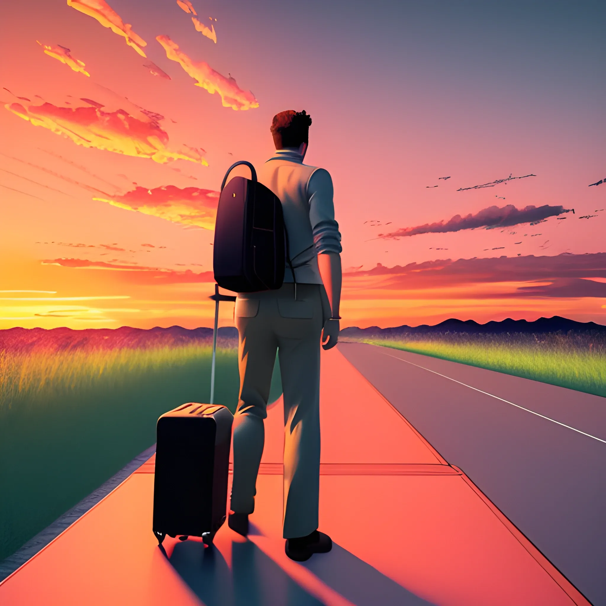 a man from behind, He pulls the suitcase on the way to the airport on a sunset day. show a majestic airplane flying in the sky so far, adding a sense of travel and adventure to the scene. The warm hues of the sunset should create a serene yet dynamic atmosphere, perfect for a travel-themed app background., 3D