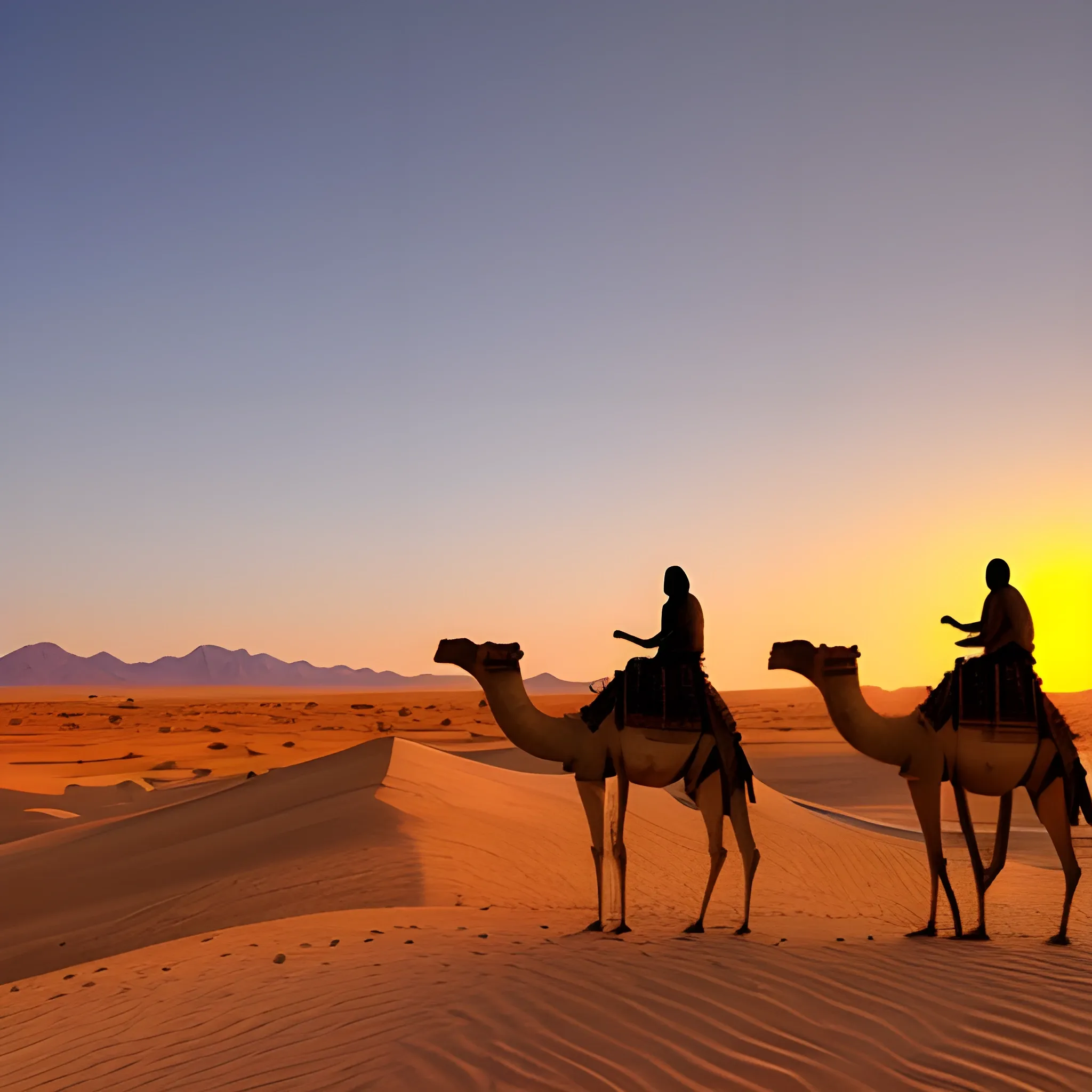 a desert travel with camel picture in sunset with a camp and fier ...

