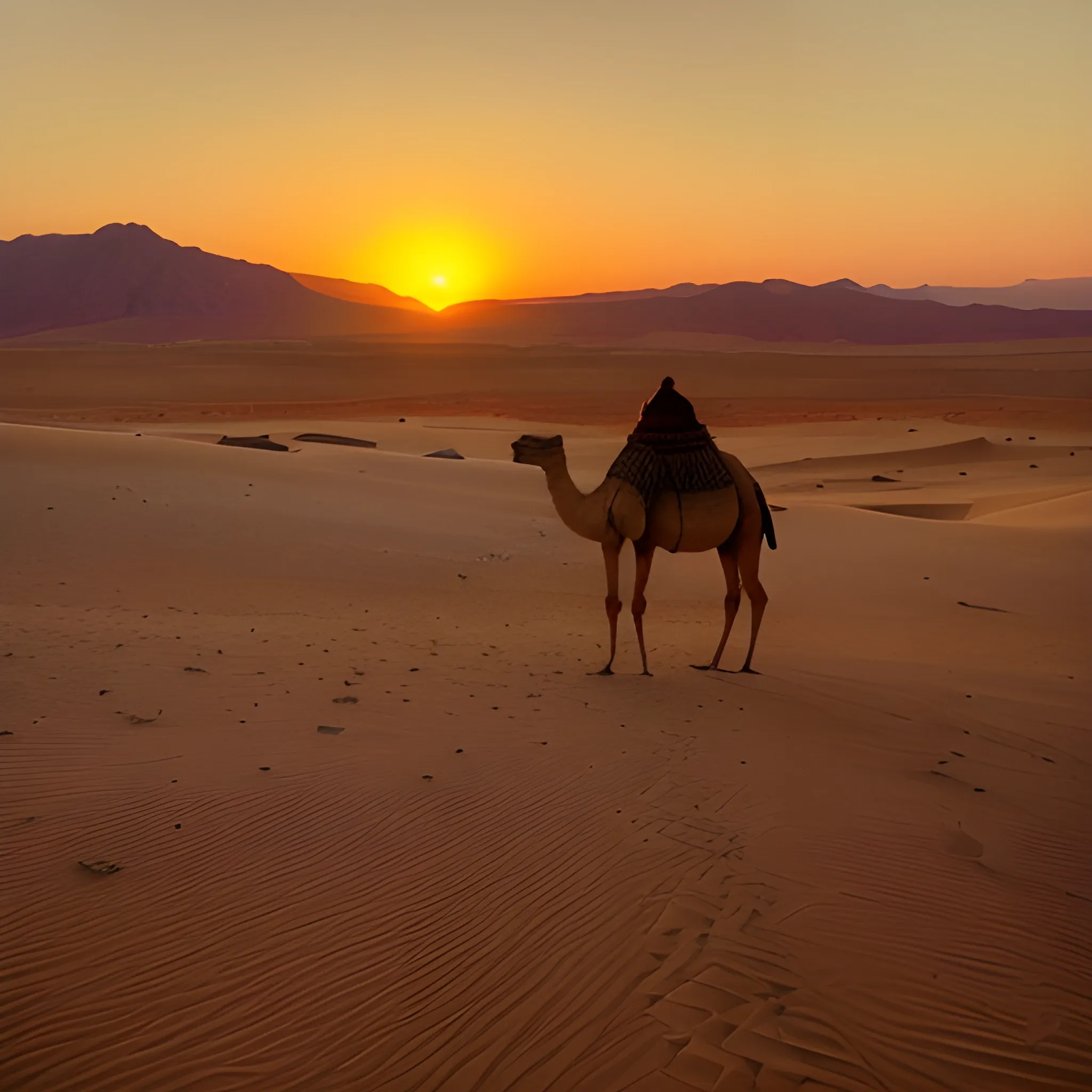 a desert travel with camel picture in sunset with a camp and fier ...

