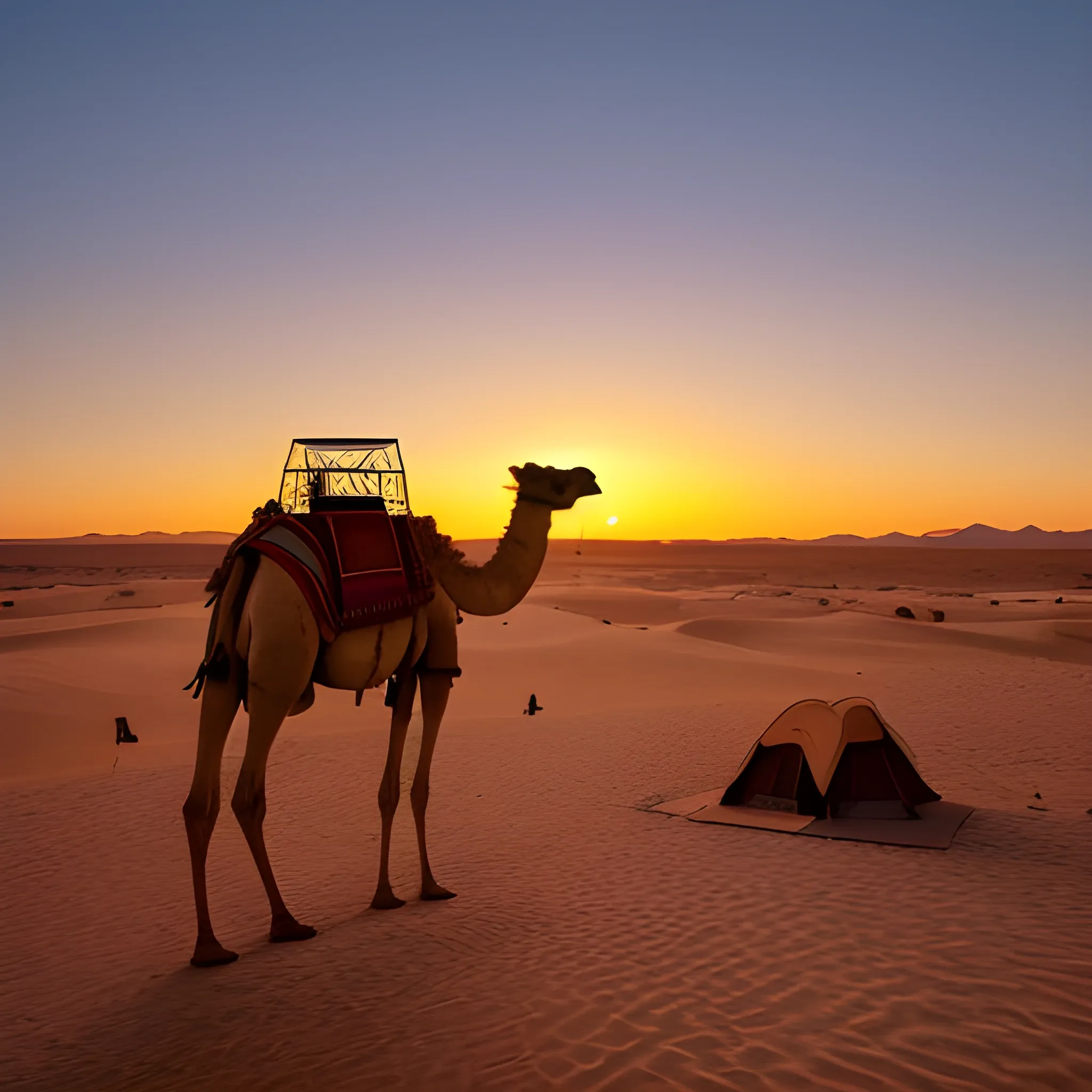 a desert travel with camel picture in sunset with a camp and fier ...

