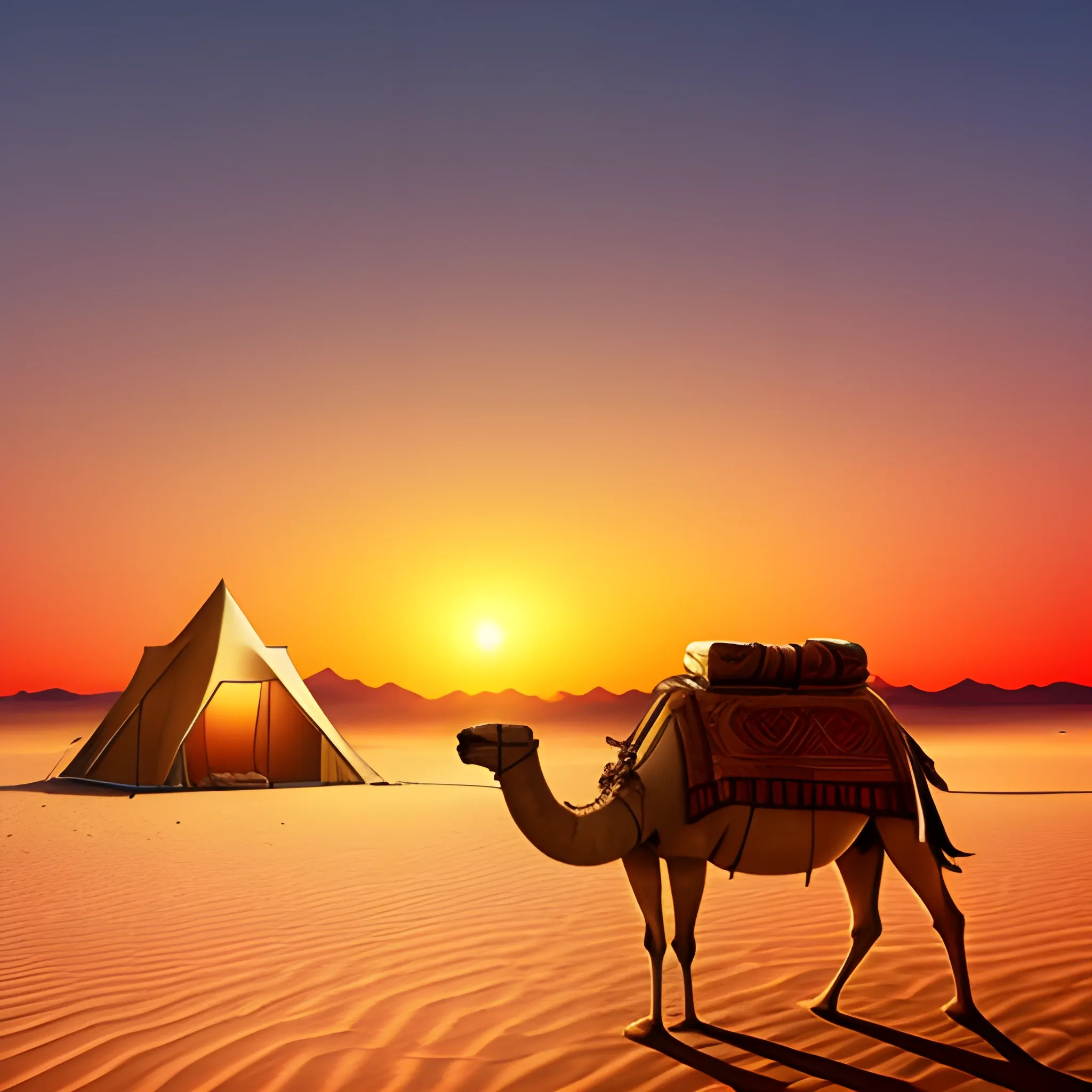 a desert travel with camel picture in sunset with a camp and fier ...

, Cartoon