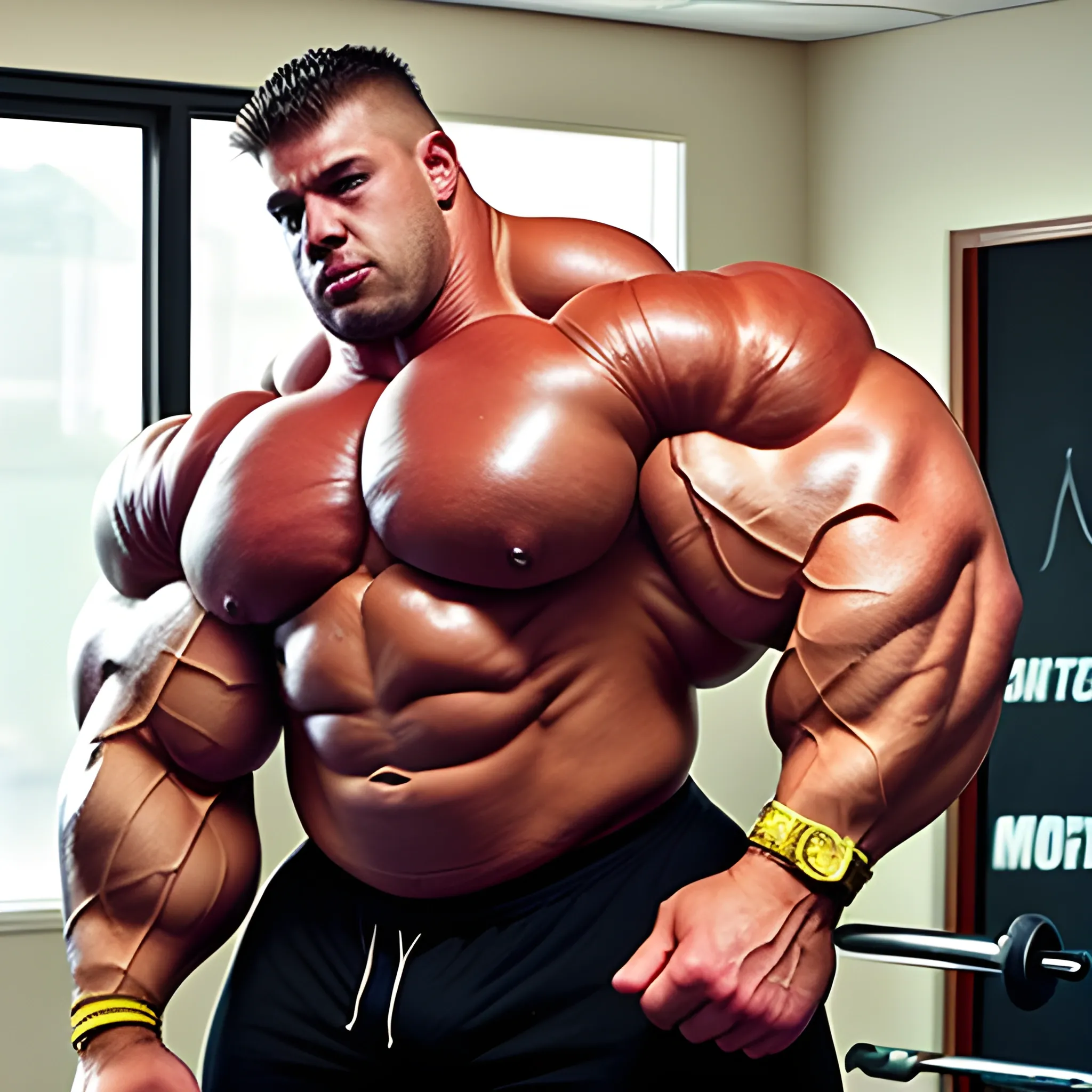 3-meters,  muscle morph, 3000 lbs bodybuilder, gigantic 300 inches biceps, huge biceps, 300 inches enormous triceps, enormous forearms, gigantic traps, 300 inches chest, 