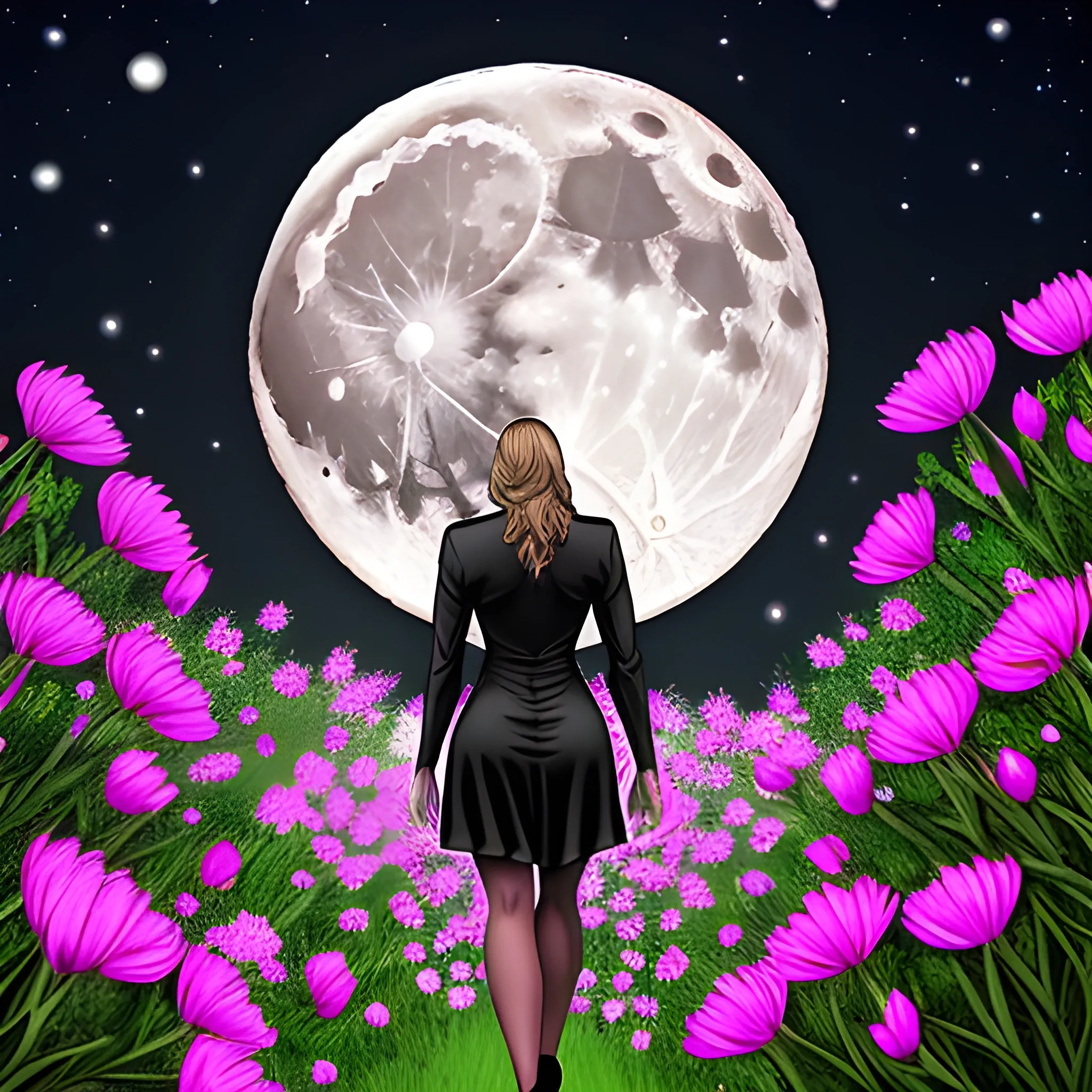 girl,full moon,flowers