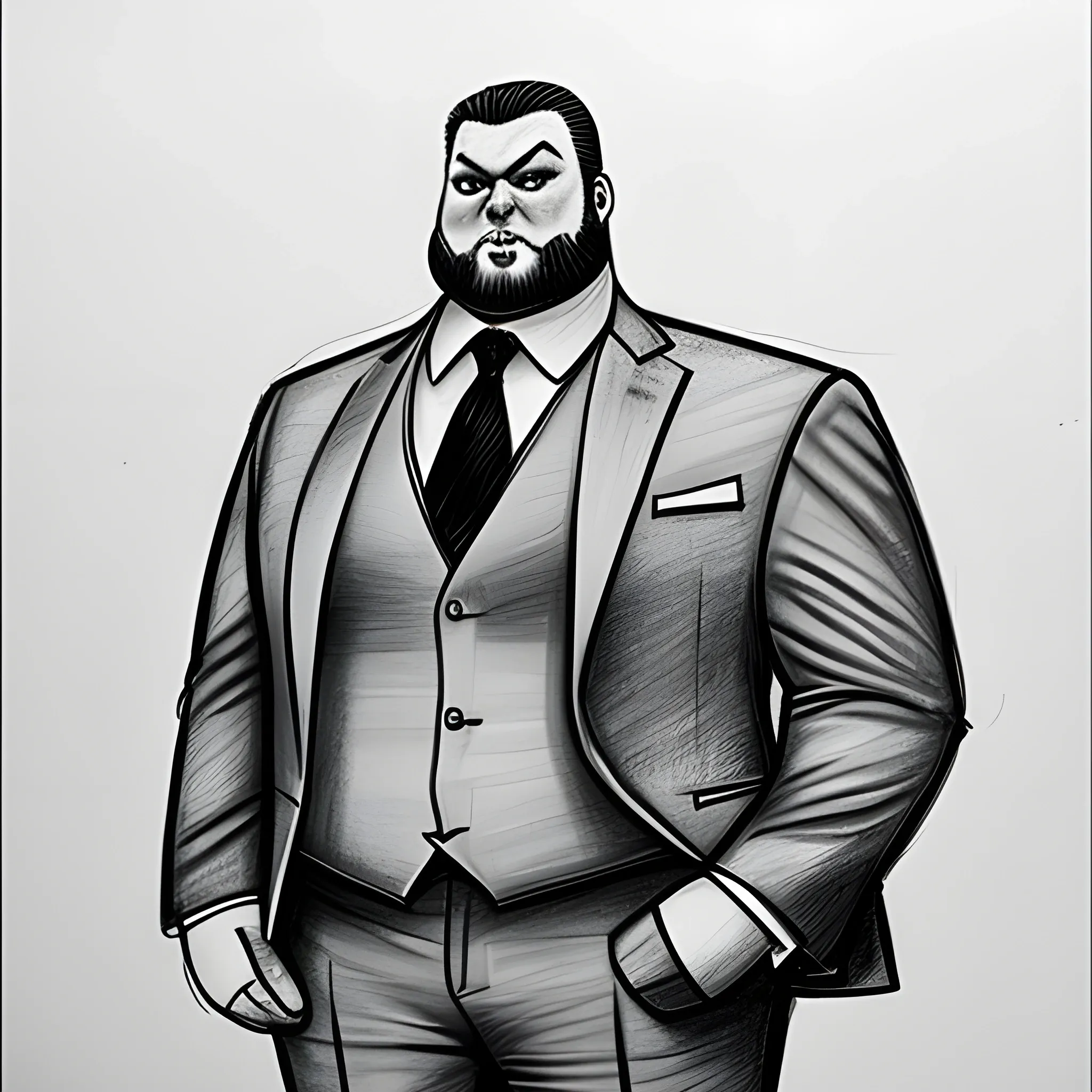 , Pencil Sketch big ass man He wears a formal suit and has a round face