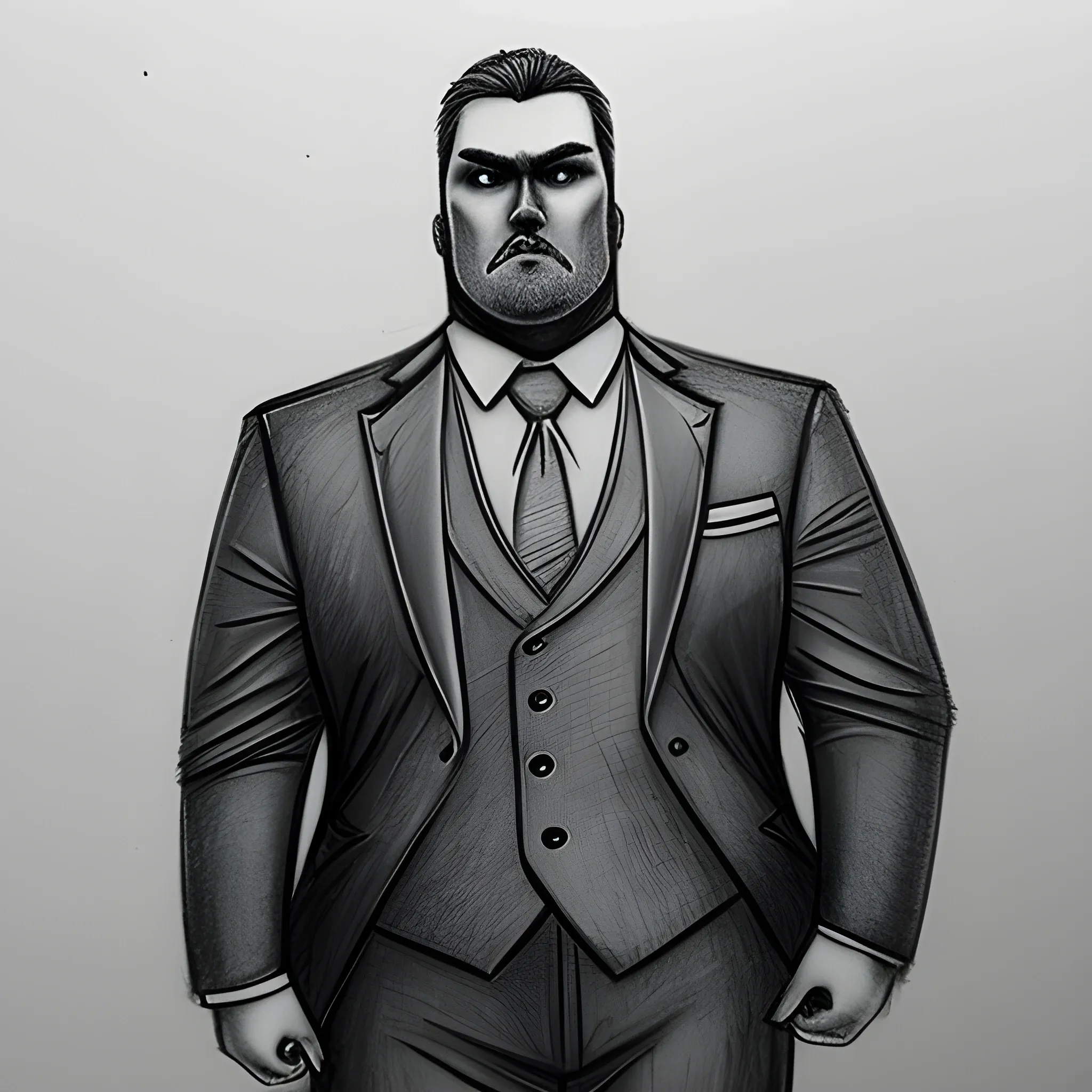 , Pencil Sketch big ass man He wears a formal suit and has a round face, 3D