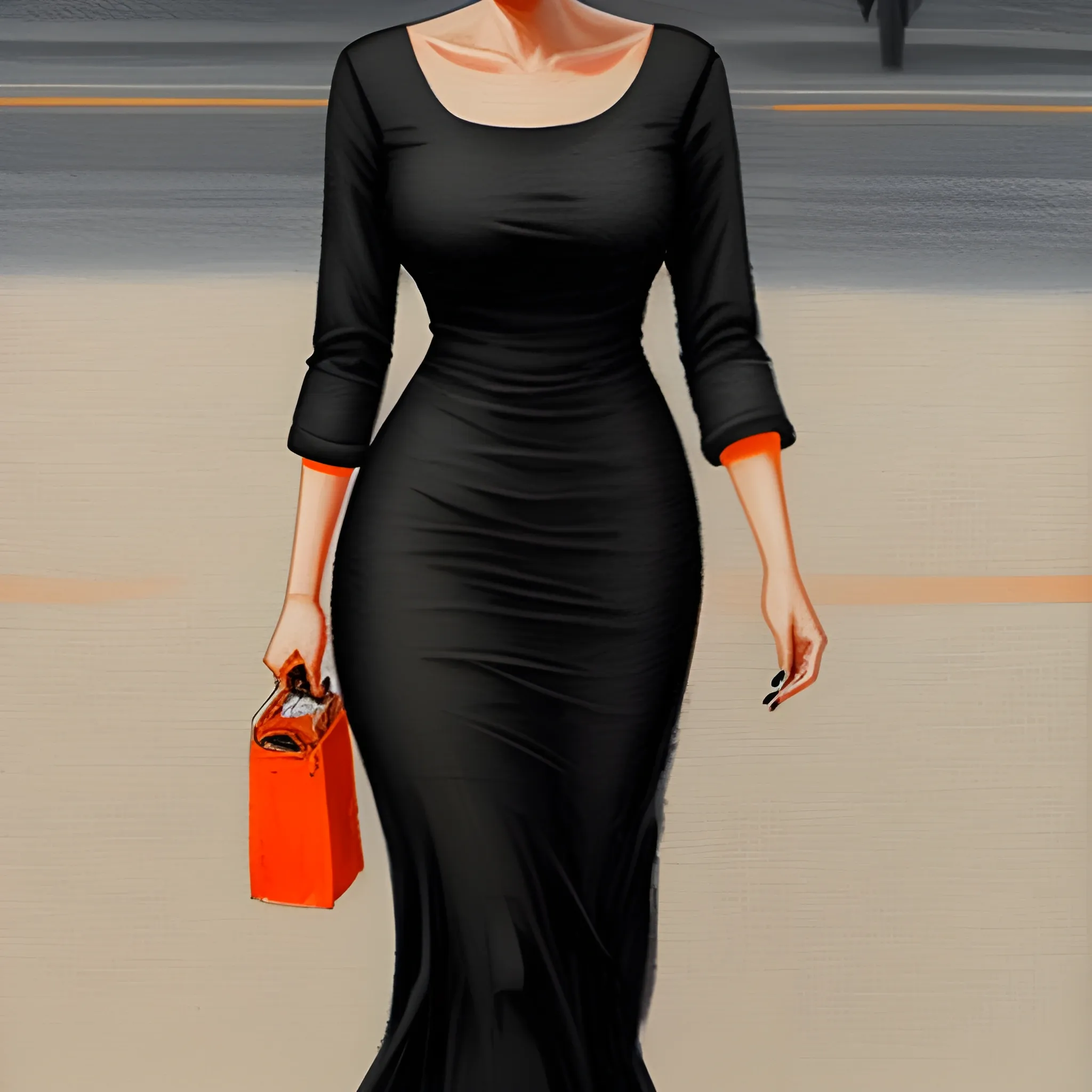 A 20-year-old young woman with short black hair, an innocent and beautiful face, wearing an orange long dress, walking on the street, oil painting style, Pencil Sketch, Oil Painting, Pencil Sketch