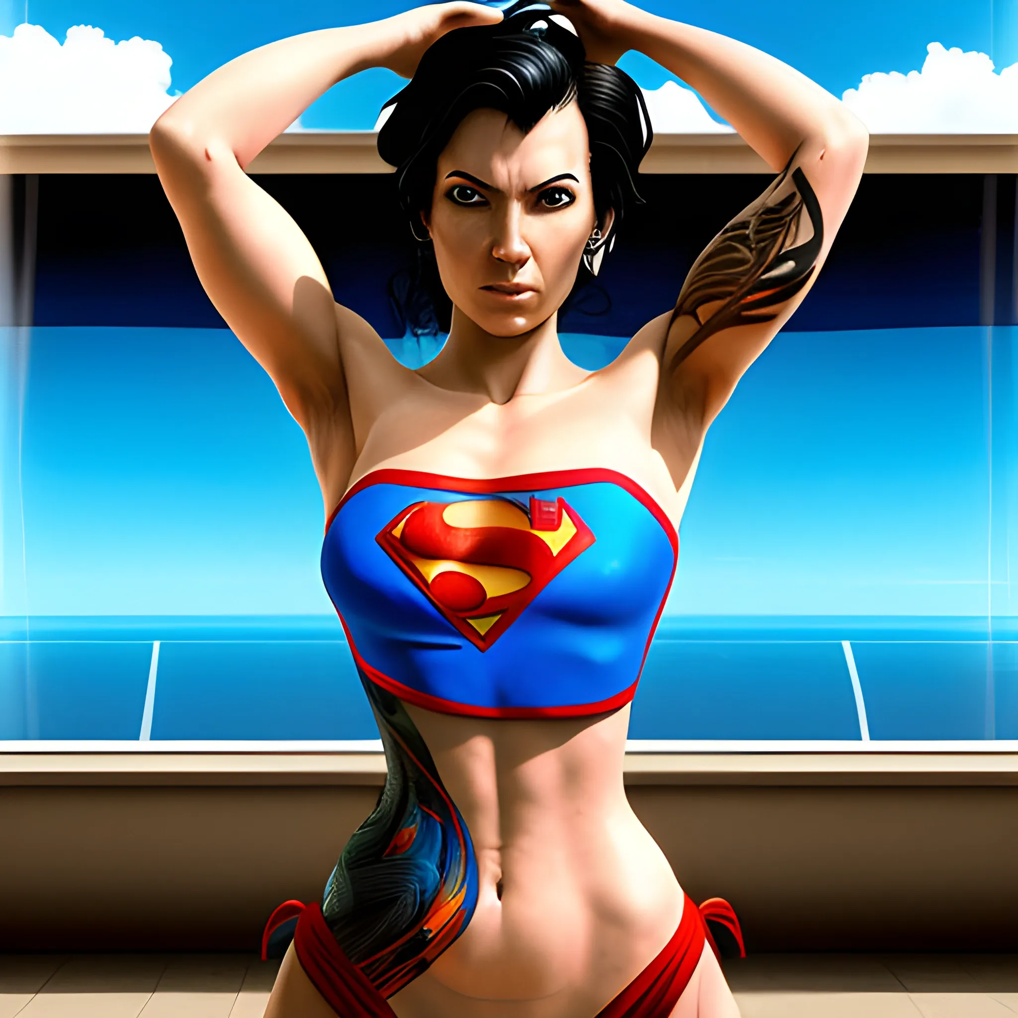 Exotic tattoo woman in a Superman bathing suit bending over, 3D, Trippy