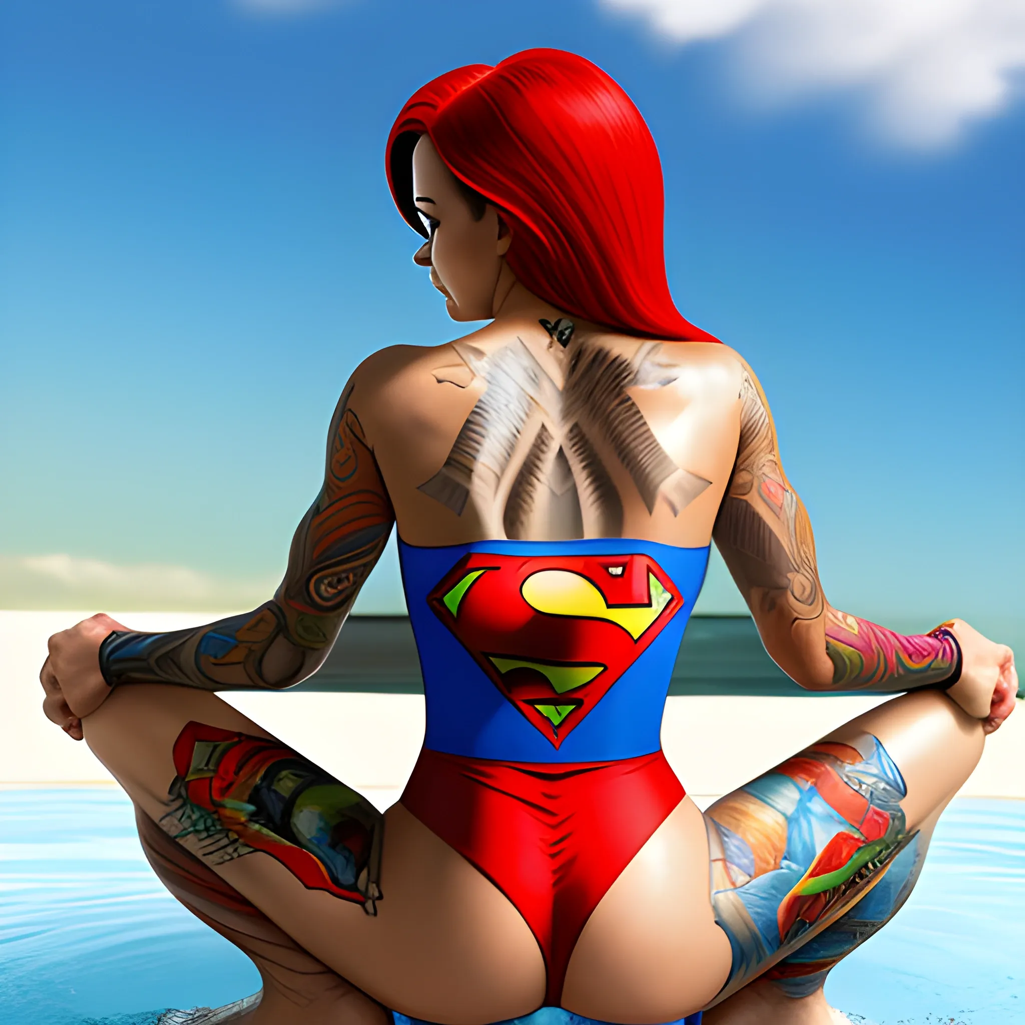 Exotic tattoo woman in a Superman bathing suit bending over, Cartoon