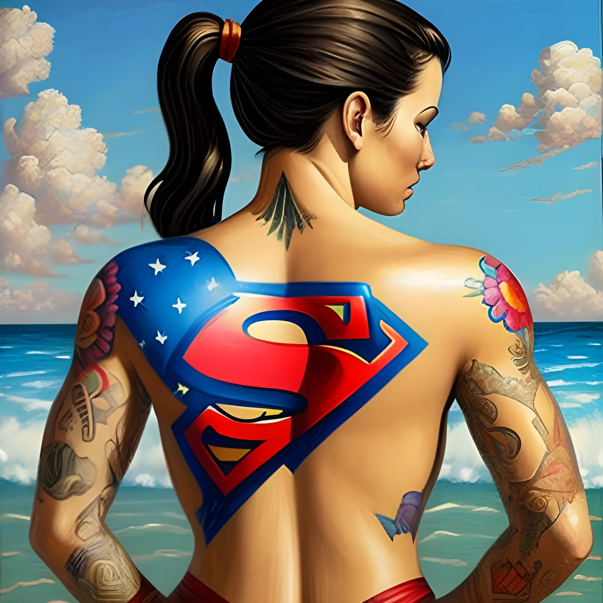 Exotic tattoo woman in a Superman bathing suit bending over, , Oil Painting