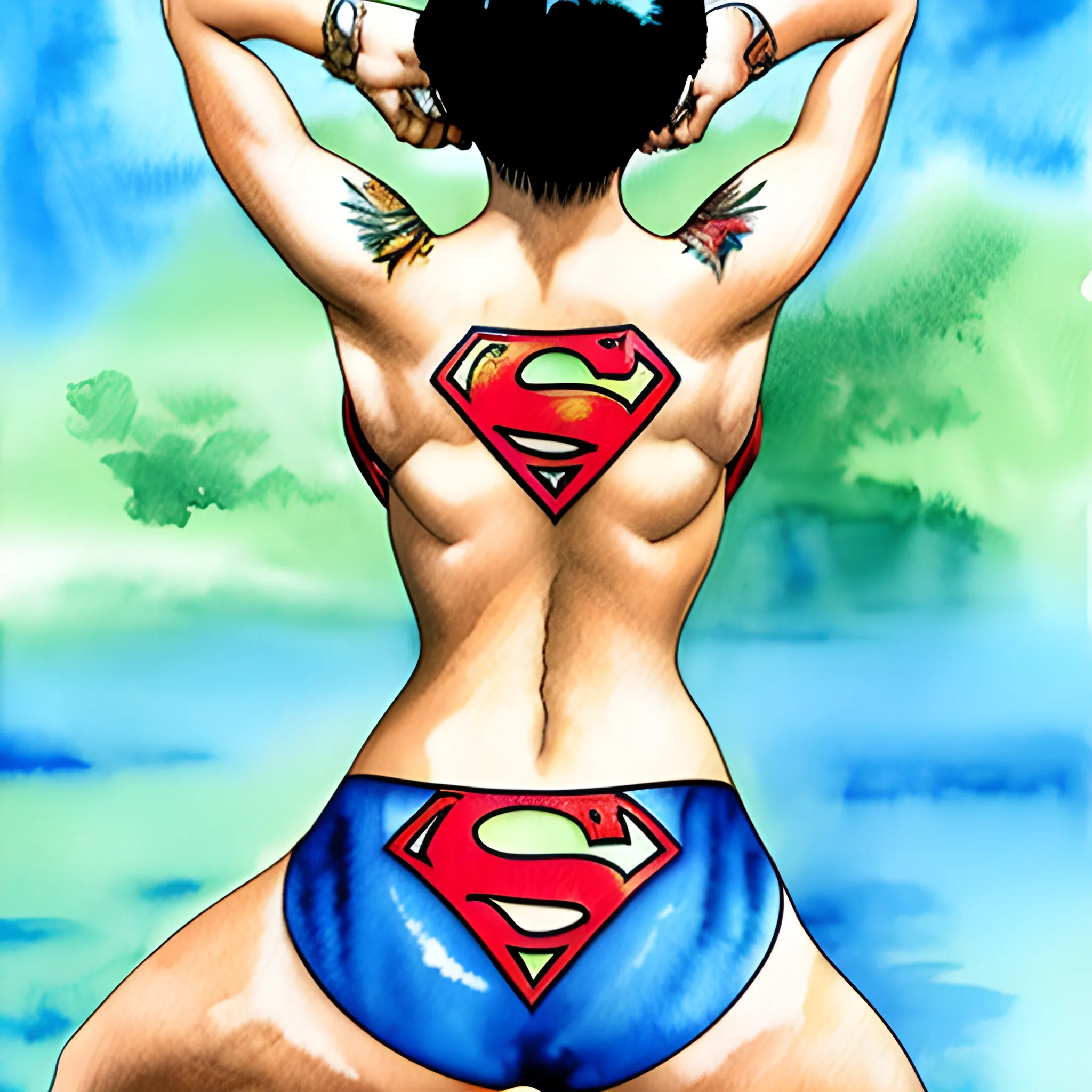 Exotic tattoo woman in a Superman bathing suit bending over,, Water Color