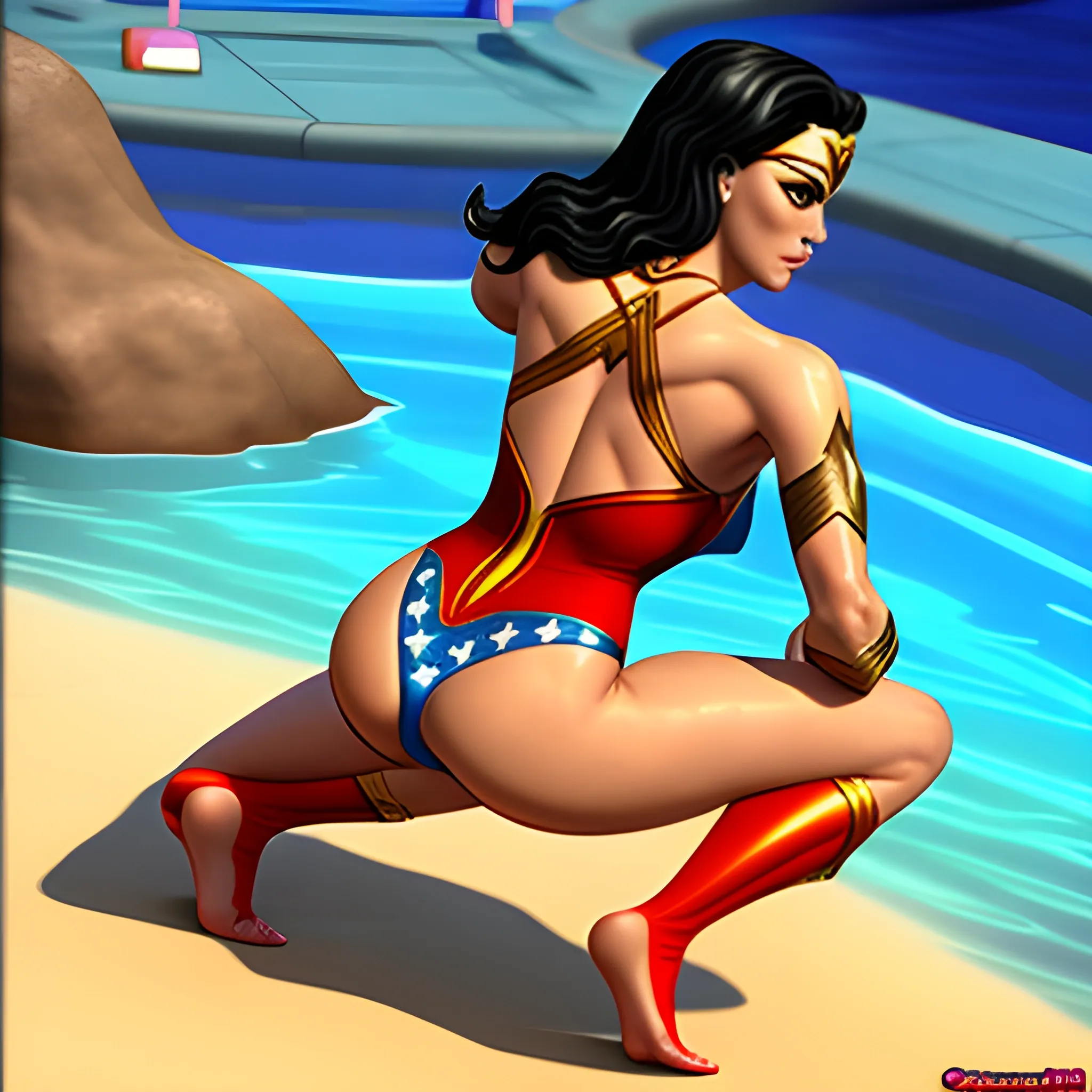 Exotic tattoo woman in a Wonder Woman bathing suit bending over, Cartoon, 3D