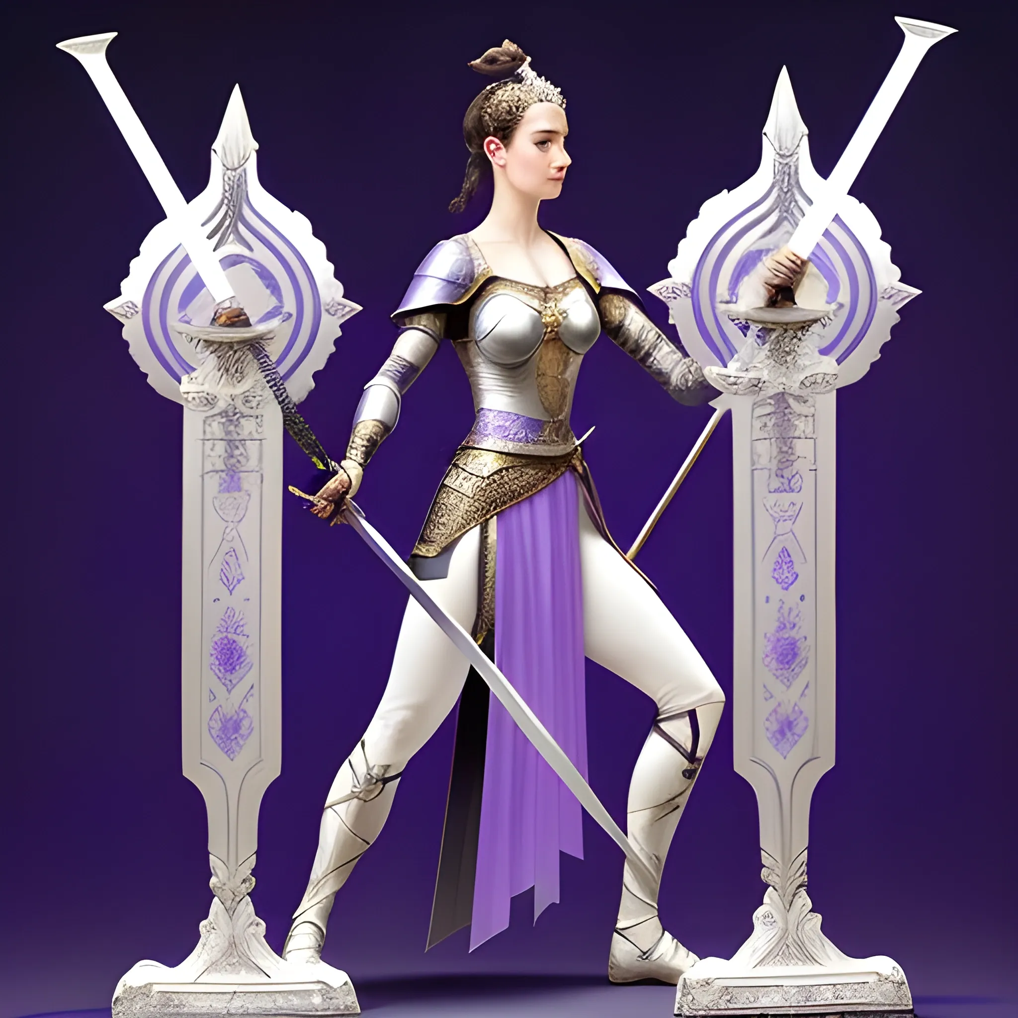 a woman holding swords and standing next to a sword, in the style of light purple and light indigo, 2d, dark white and light amber, dignified poses, li-core, group material, azure