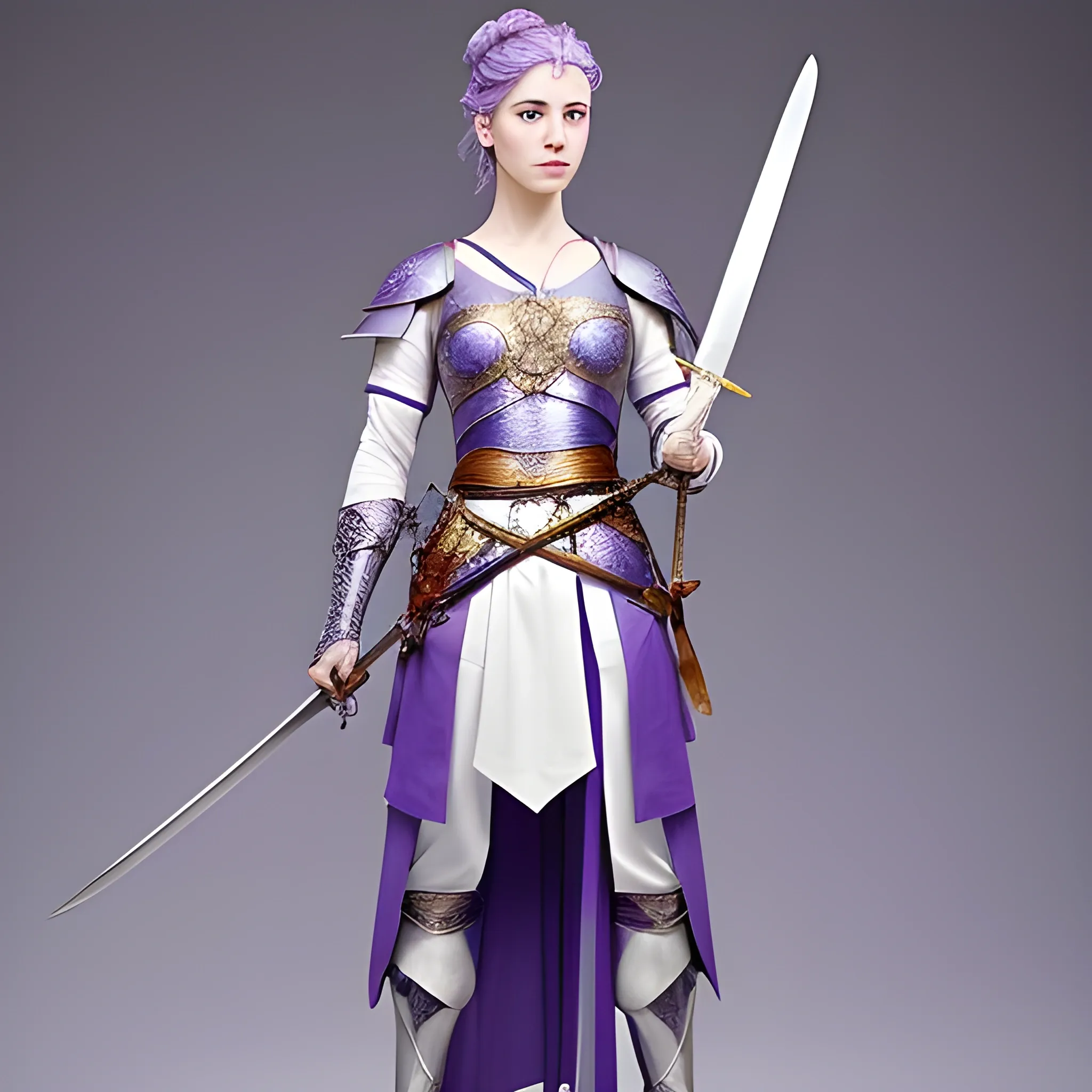 a woman holding swords and standing next to a sword, in the style of light purple and light indigo, 2d, dark white and light amber, dignified poses, li-core, group material, azure