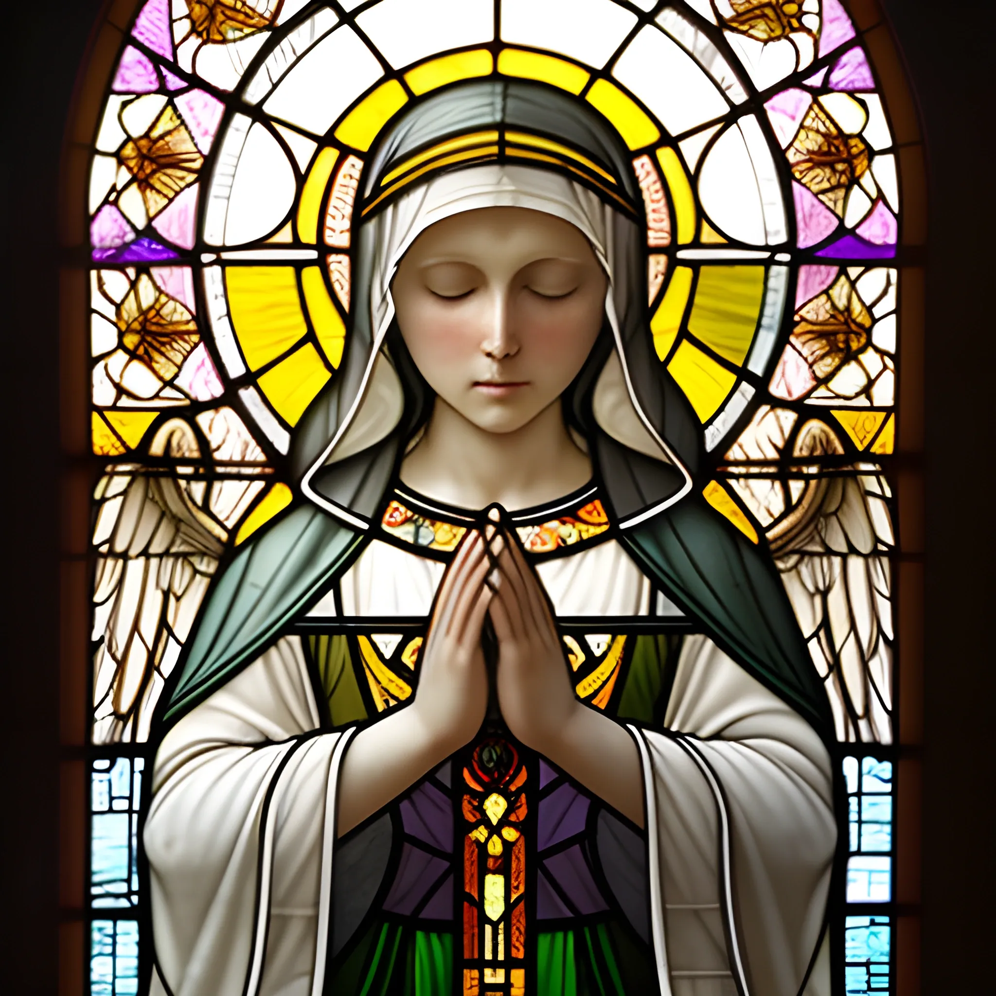 , Water Color, 3DThe image portrays a solemn and serene nun in prayer, captured in the timeless beauty of a stained glass artwork. She stands at the center, her eyes gently closed and hands devoutly clasped, embodying a deep spiritual reverence. Her traditional habit flows gracefully, detailed with folds and shadows that add to the realism of the portrayal. Behind her, a halo of golden light radiates, symbolizing her holy devotion.

Above and around her, angels descend gently from the heavens, their wings outstretched and adorned with an array of soft, pastel colors that give a sense of their ethereal and divine nature. Each angel carries an aura of peace and benevolence, contributing to the sanctity of the scene. The background features a lush landscape with hints of a sunrise or sunset on the horizon, suggesting the promise of hope and renewal. The stained glass divides light and color into intricate patterns, with lead lines meticulously defining every detail, from the angels' feathers to the nun's contemplative expression. The bottom of the artwork is adorned with floral motifs, adding an element of earthly beauty to the celestial theme. This stained glass masterpiece evokes a sense of tranquility and divine grace, perfect for inspiring contemplation and reverence.