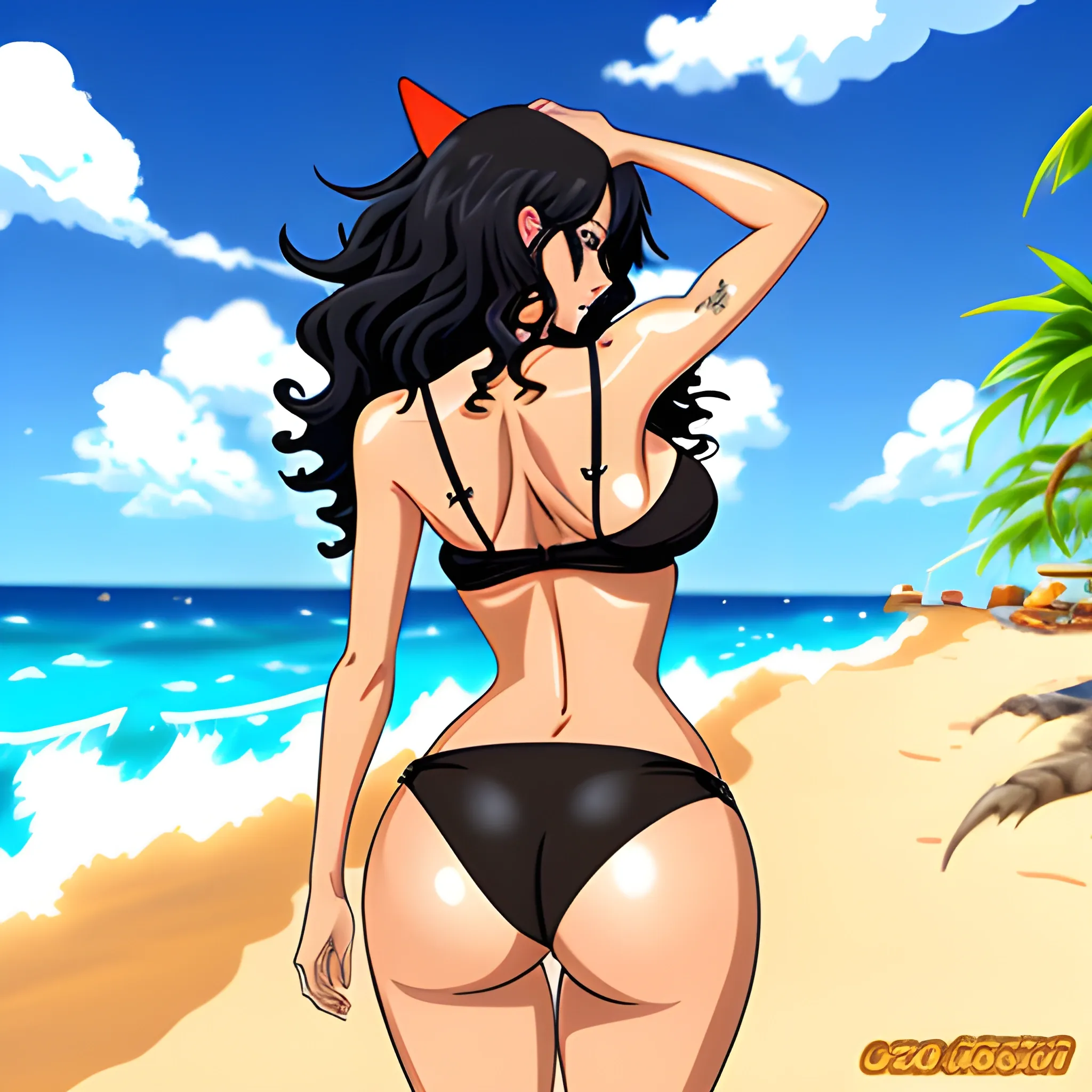 Anime,beach,rear view,cute girl, tanned skin, black curly hair, black bra, black panties,cartoon,hand under big butt, , Cartoon,big breast, shark tattoo
