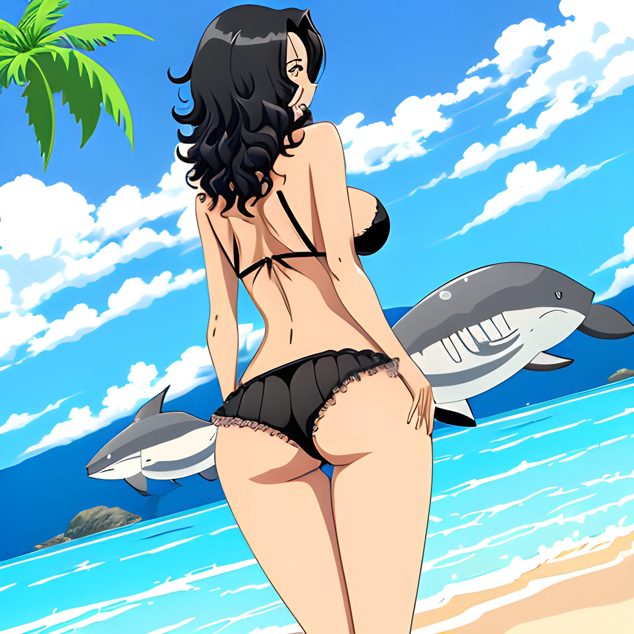 Anime,beach,rear view,cute girl, tanned skin, black curly hair, black bra, black panties,cartoon,hand under big butt, , Cartoon,big breast, in water, shark fin in water