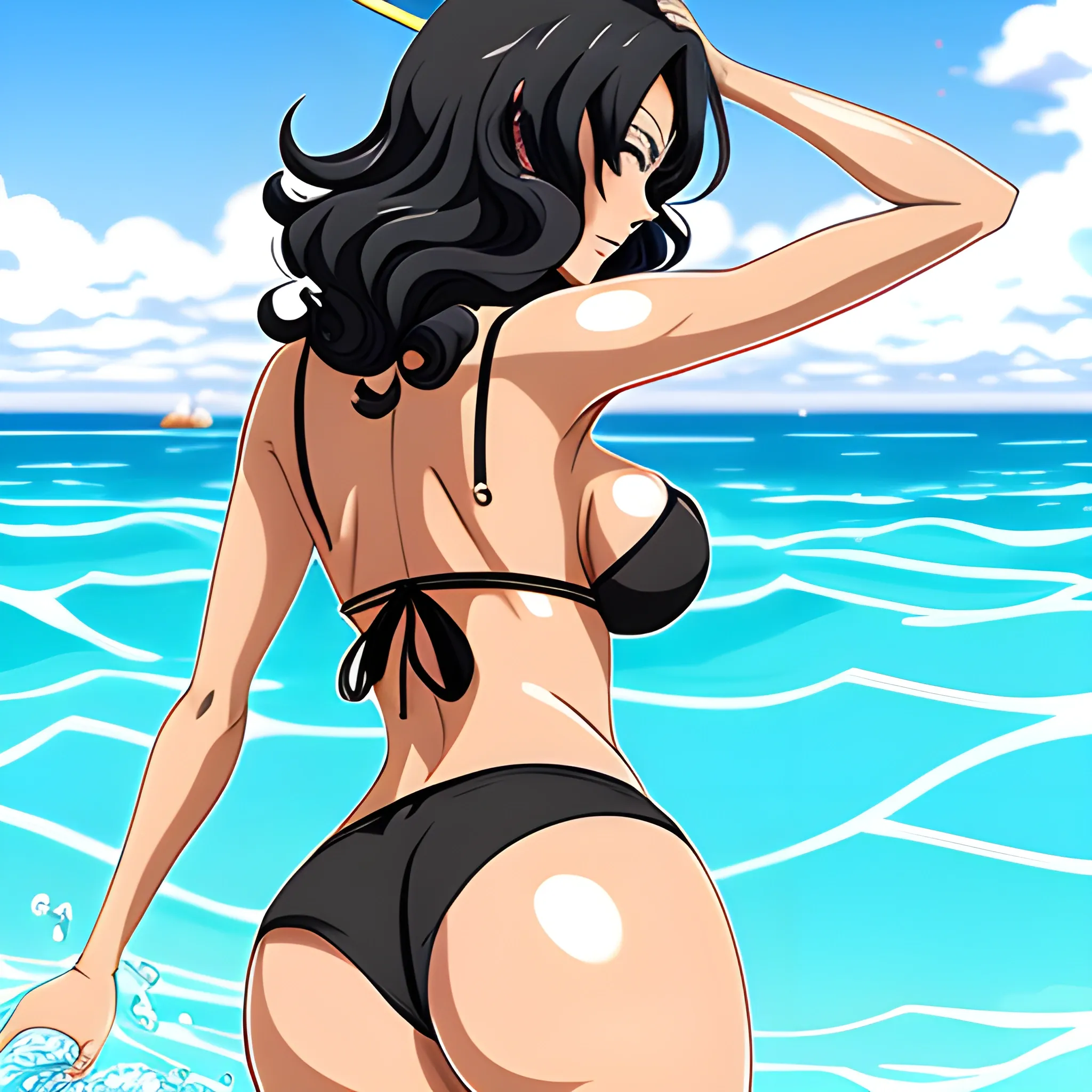 Anime,beach,rear view,cute girl, tanned skin, black curly hair, ... -  Arthub.ai