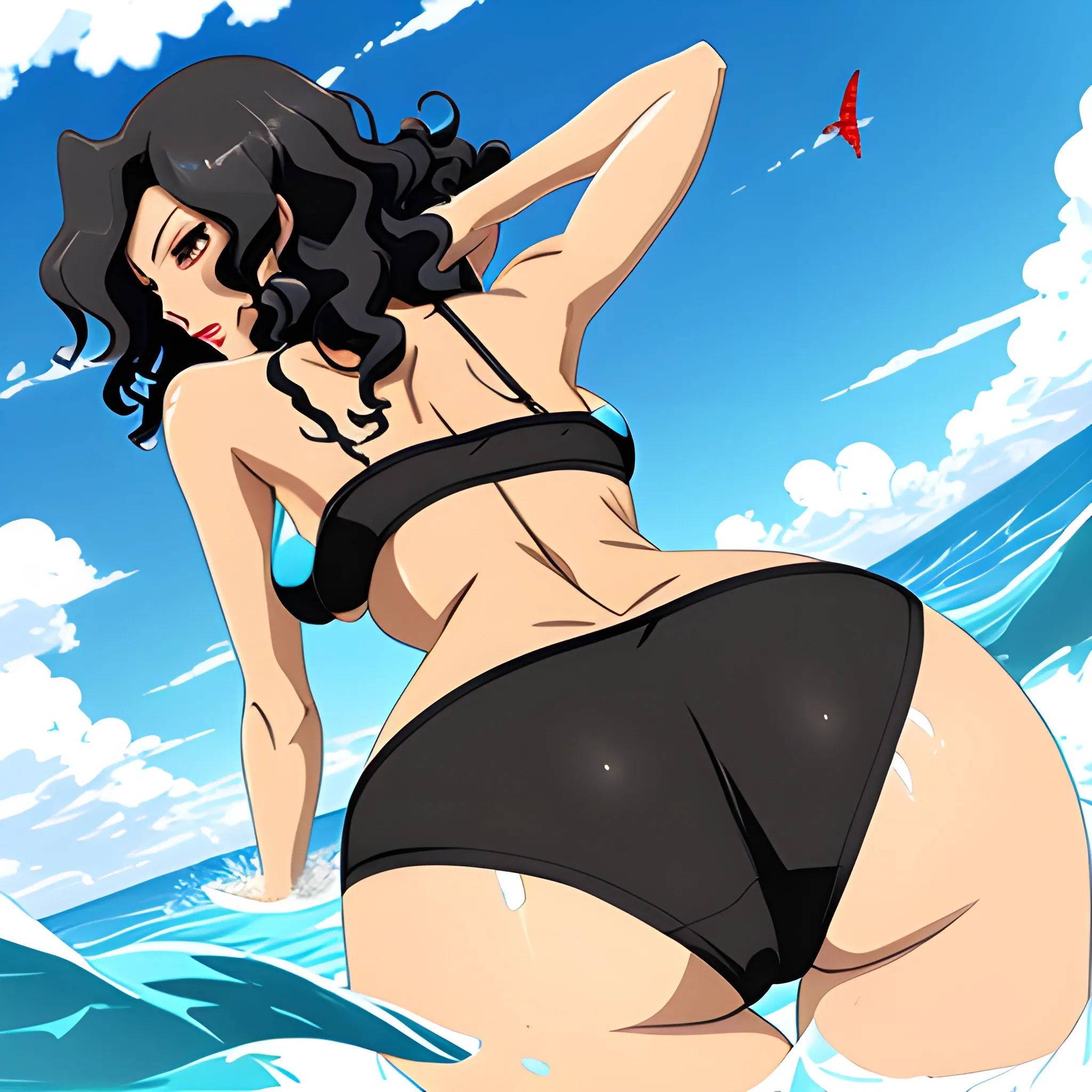 Anime,beach,rear view,cute girl, tanned skin, black curly hair, ... -  Arthub.ai